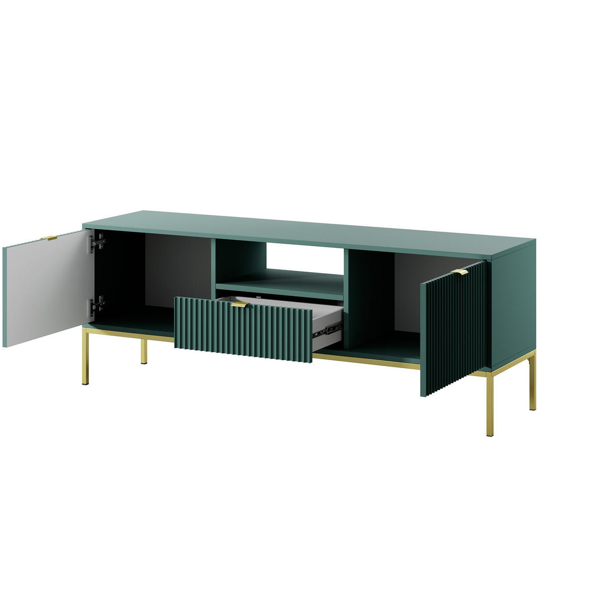 TV-SCHRANK Nova Grün, Golden Beine und Goldene Griffe, zweitüriger TV-Tisch - Goldfarben/Grün, Holzwerkstoff/Metall (154/56/39cm) - Bettso