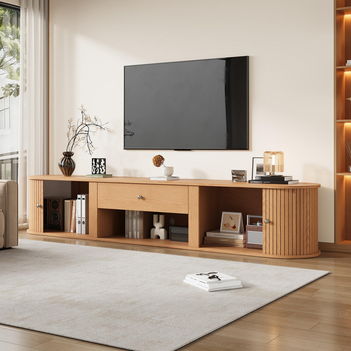 TV-SCHRANK 180x40x40cm Holzfarbe mit 2 Rollo-Türen - Naturfarben, Holzwerkstoff (180/40/40cm) - FLIEKS