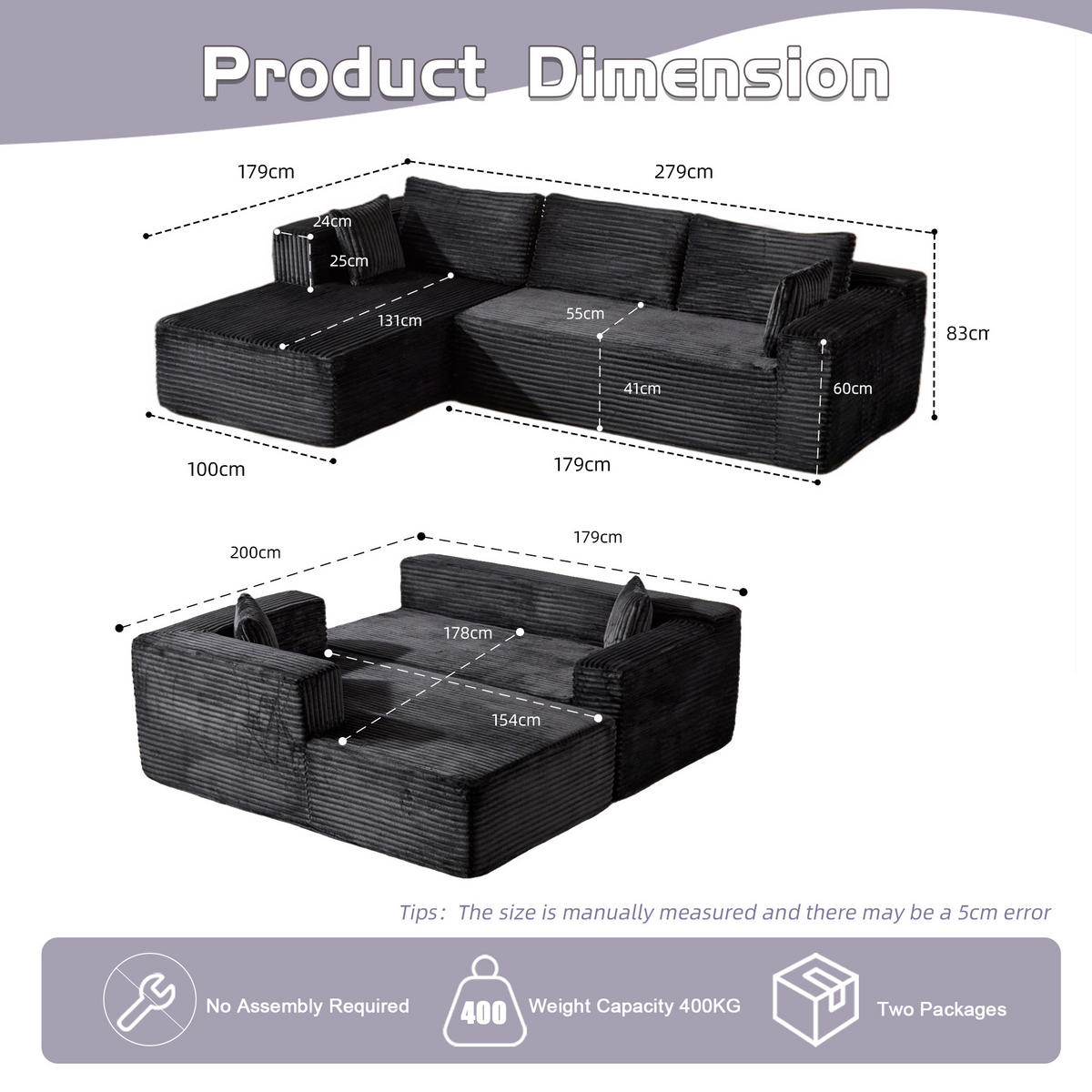 SOFA mit Chaise 2-teilig Schwarz Cord - Schwarz, Kunststoff (179/279cm) - Meubliv