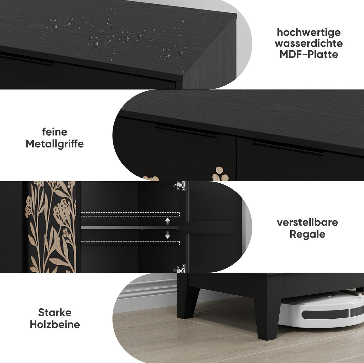 SIDEBOARD 80/38/76 cm Schwarz aus MDF mit Blumenschnitzerei - Schwarz, Holzwerkstoff (38/76/80cm) - OKMYHOME