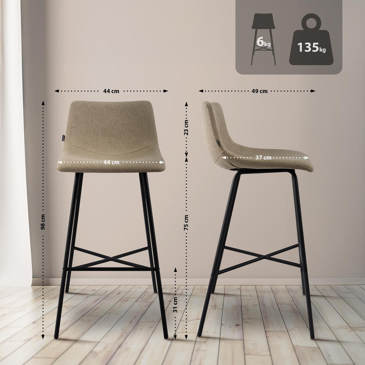 BARHOCKER Stoff Taupe - Taupe/Schwarz, Textil/Metall (44/98/49cm) - CLP
