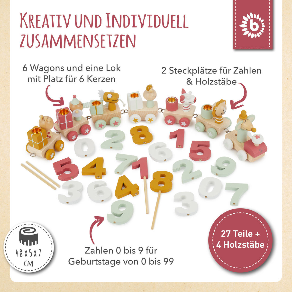GEBURTSTAGSZUG Holz Scandi-Chic Berry 0- - Multicolor, Holz (5/48cm) - Bieco Spielwaren