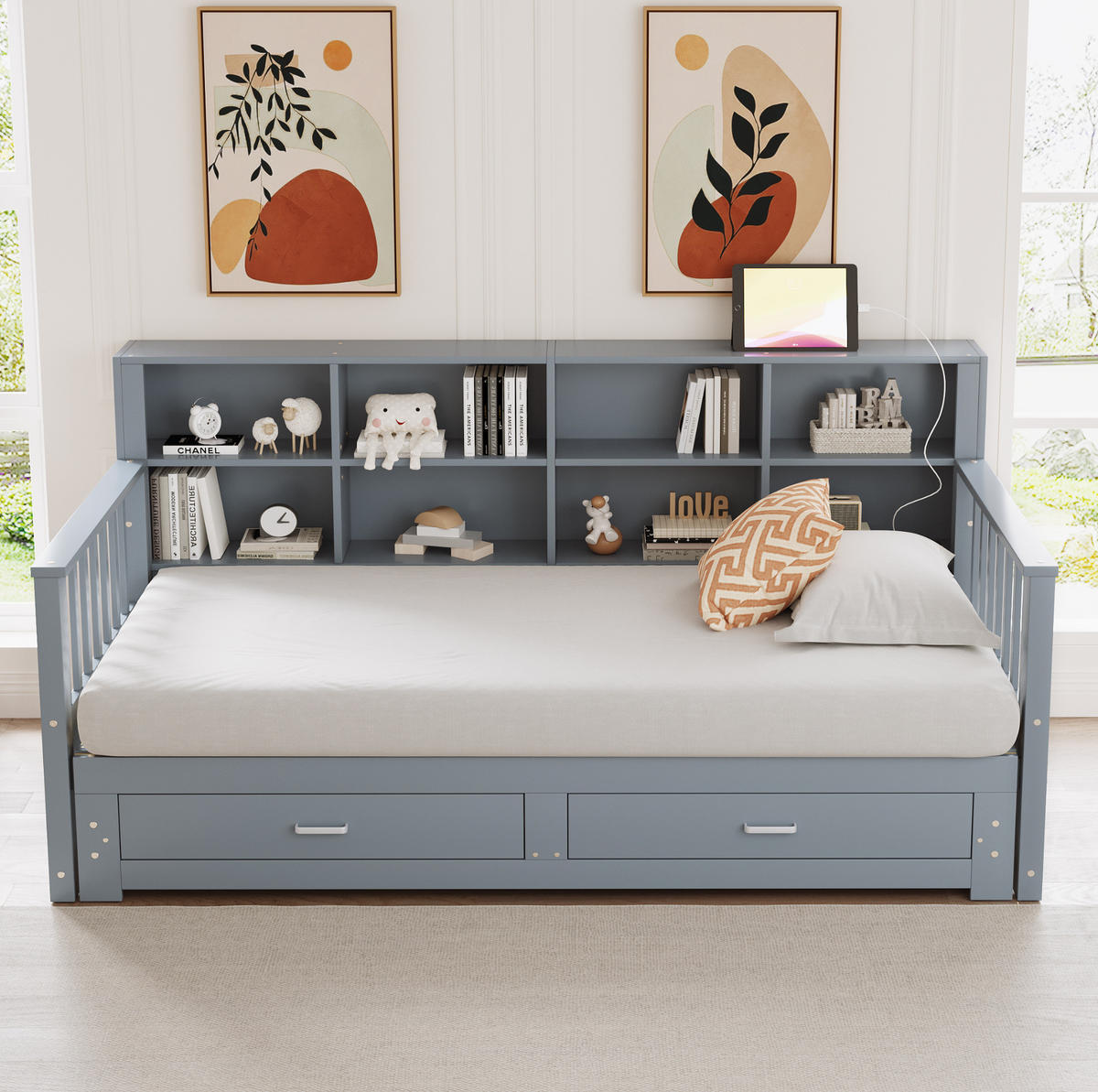 SCHLAFSOFA 90/190 cm ausziehbar auf 180/190 cm mit Stauraum, Steckdose, 2 Schubladen und Lattenrost, Grau - Grau, Holzwerkstoff (117/80/196.2cm) - Redom