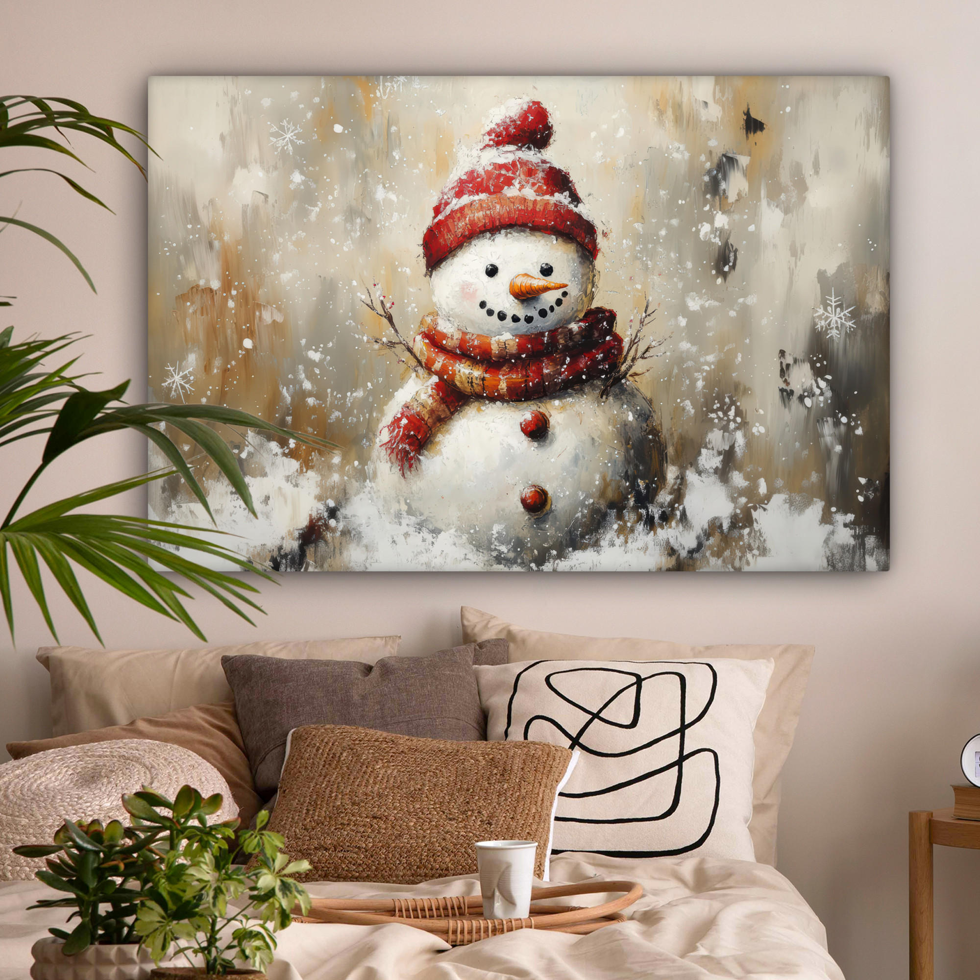 LEINWANDBILD Schneemann - Winter - Schnee - Beige XXL 150x100 cm - Weiß, Textil (150/100cm) - MuchoWow