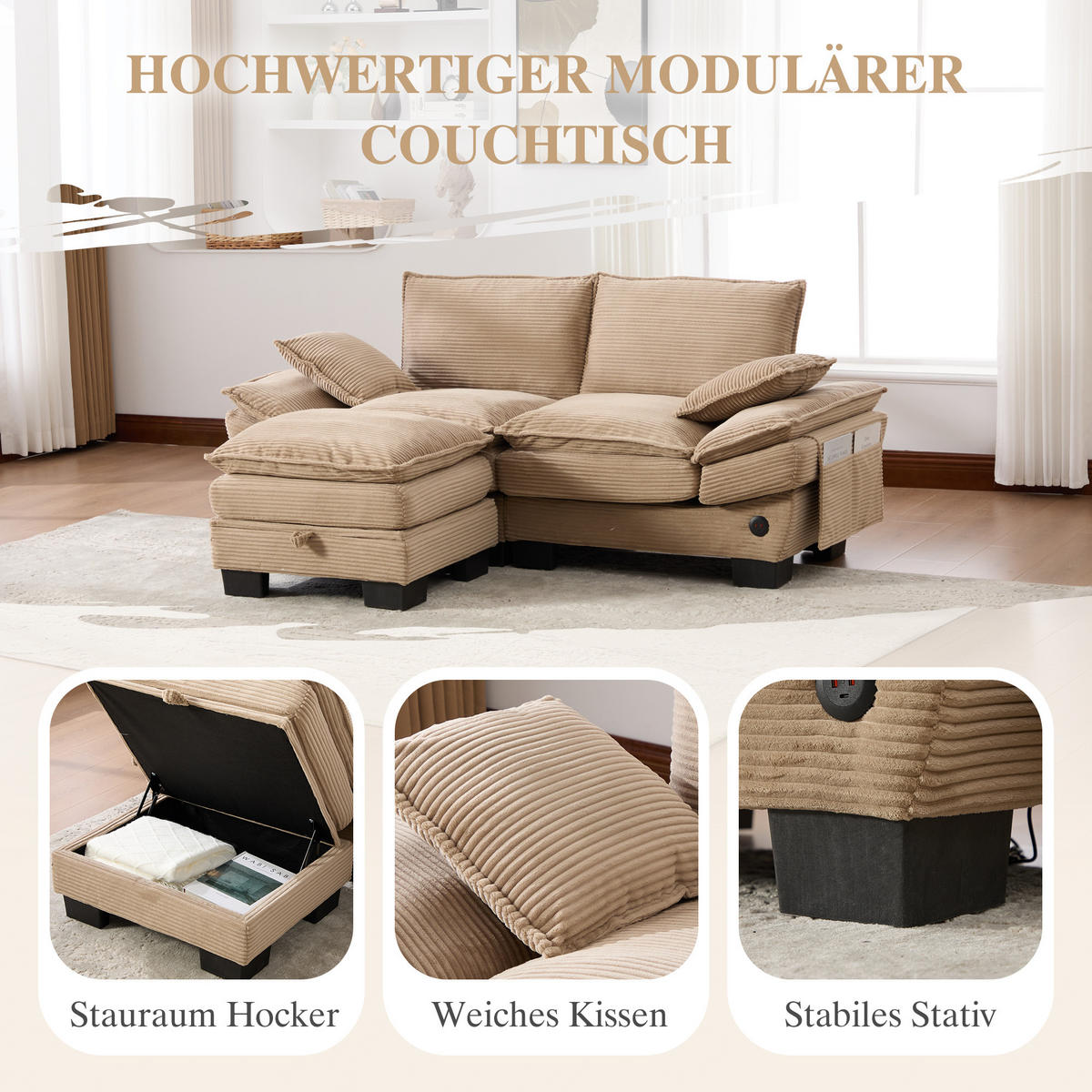 2-SITZER SOFA Cord Khaki mit Hocker, USB-C und Seitentaschen - Hellbraun, Holzwerkstoff/Kunststoff (190/132cm) - WISHDOR