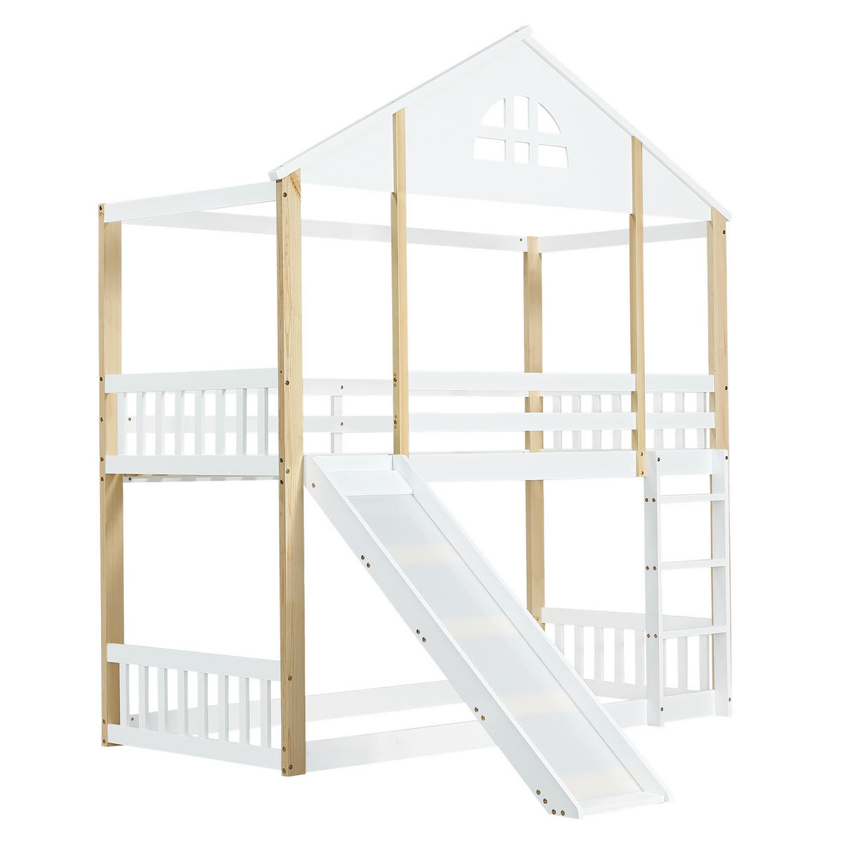 ETAGENBETT 90/200 cm mit Rutsche, Winkeltreppe, Fensterdesign und Hausrahmen aus Massivholz und MDF, Weiß/Natur - Weiß, Holz (90/200cm) - Redom