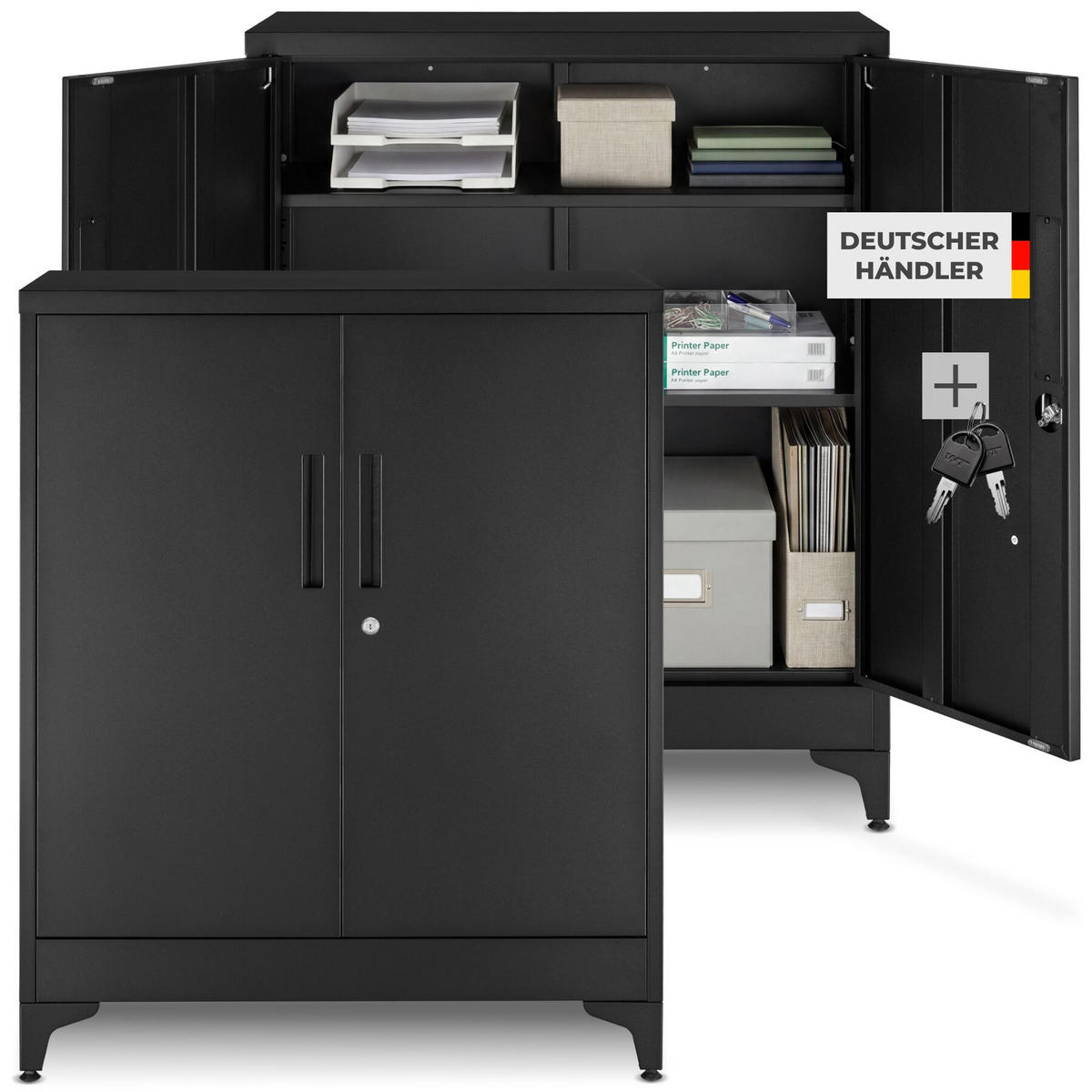 AKTENSCHRANK Blake, Kippschutz, höhenverstellbare Füße, schwarz - Schwarz, Metall (80/100/40cm) - tectake