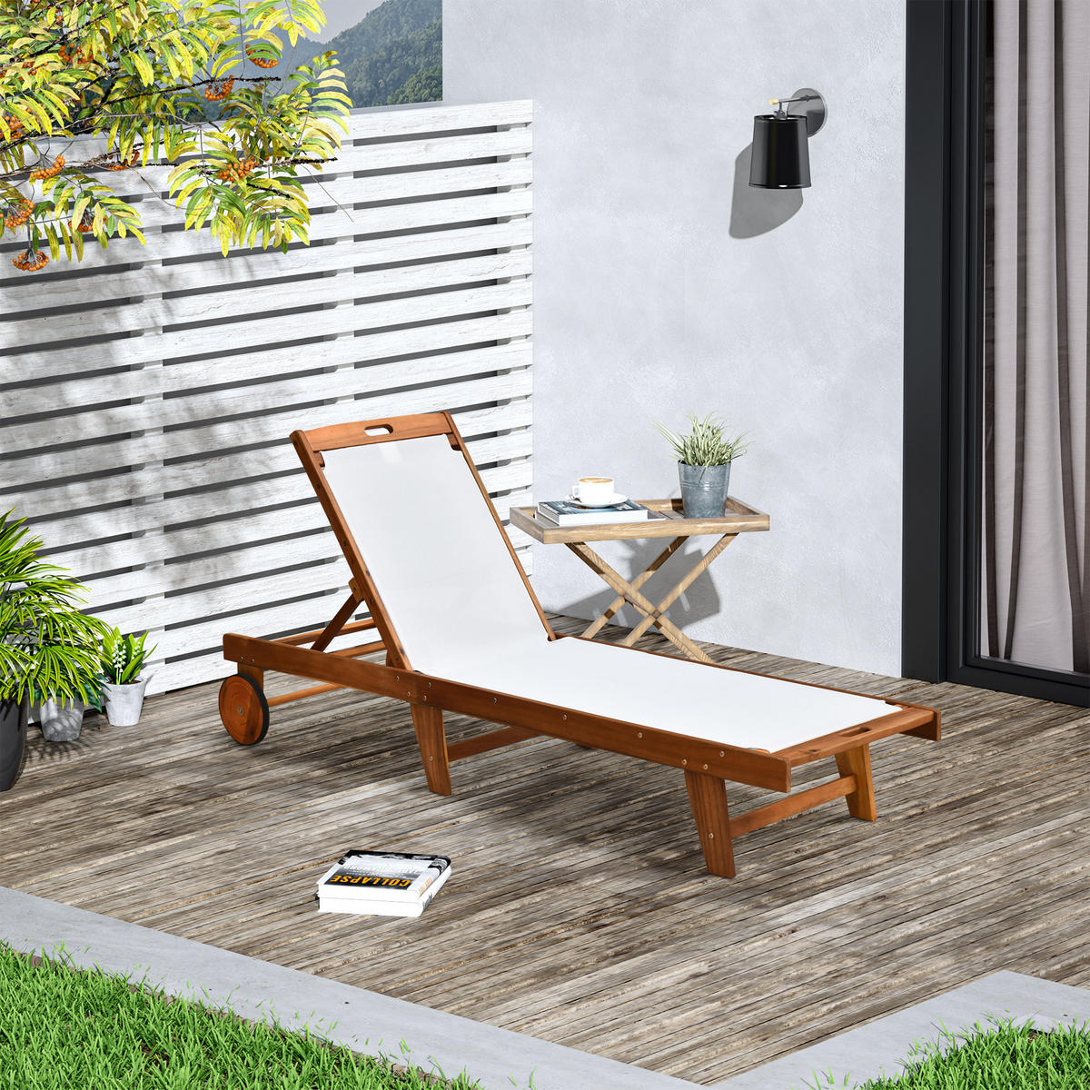 SONNENLIEGE Relaxliege Gartenliege verstellbar Holz Textil Natur+Weiß - Fichtefarben/Weiß, Holz (60/88/198cm) - Outsunny