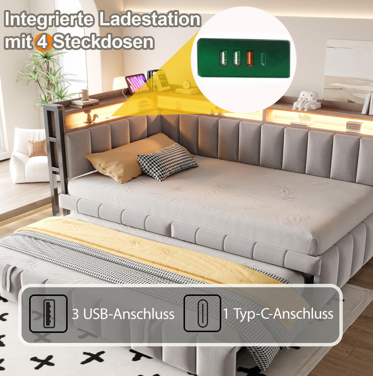 POLSTERBETT Schlafsofa aus Samt 90x200 cm Hellgrau mit Ausziehbett, LED-Beleuchtung und USB-/Typ-C-Anschlüssen - Hellgrau, Textil (90/200cm) - Modfu