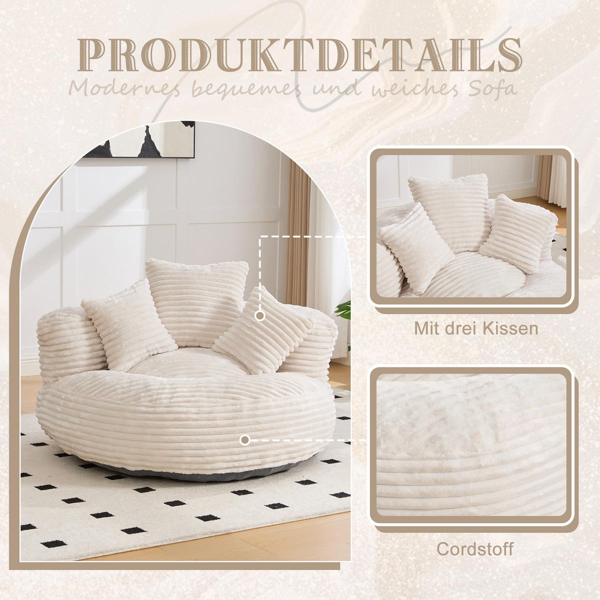 SITZSACK in Chenille mit 3 Kissen - Beige, Textil (108/52/108cm) - Urban Meuble