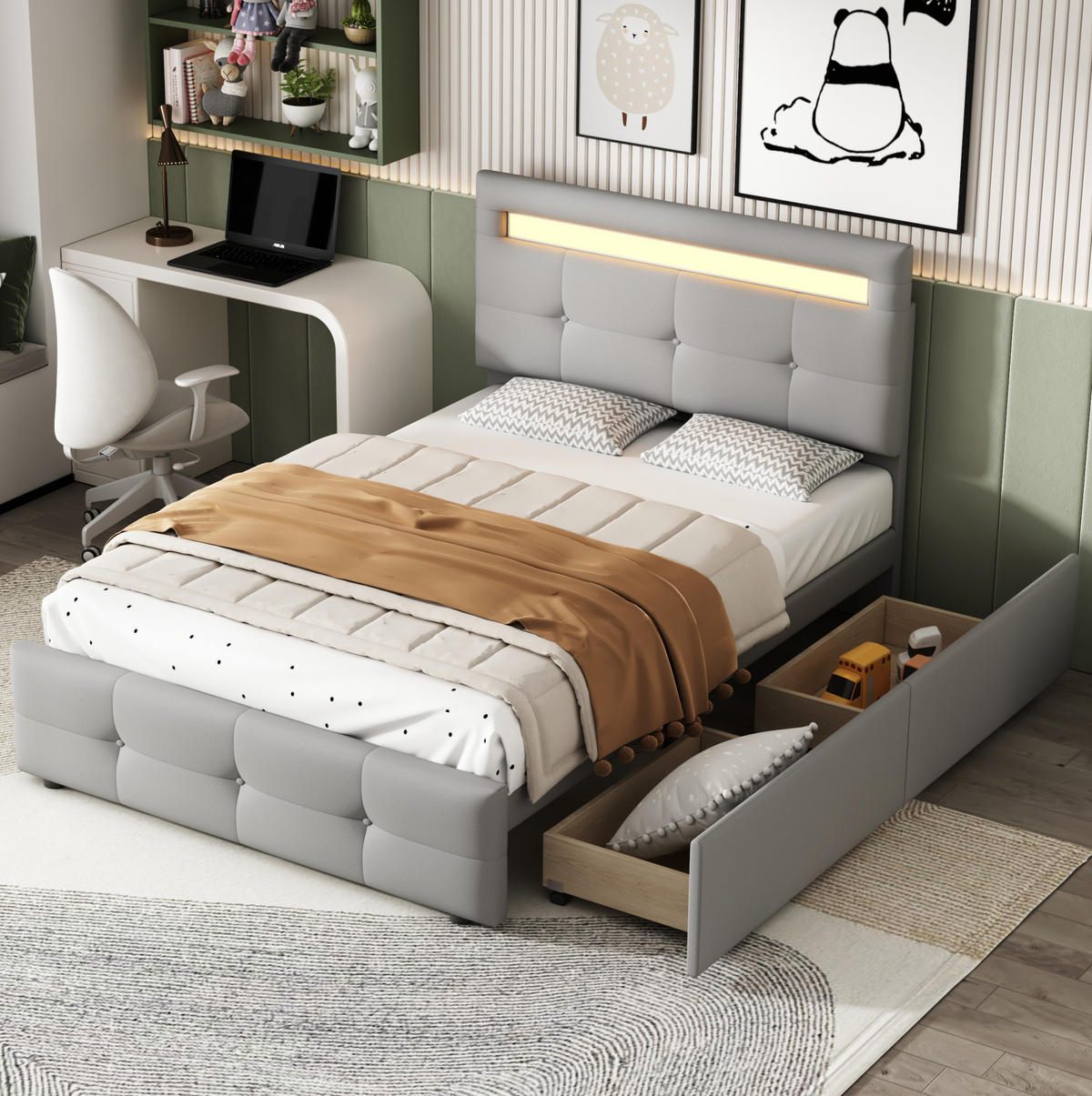 POLSTERBETT mit LED-Beleuchtung 90/200 cm mit 2 Schubladen und gepolstertem Kopfteil - Grau, Textil (90/200cm) - BEAOK