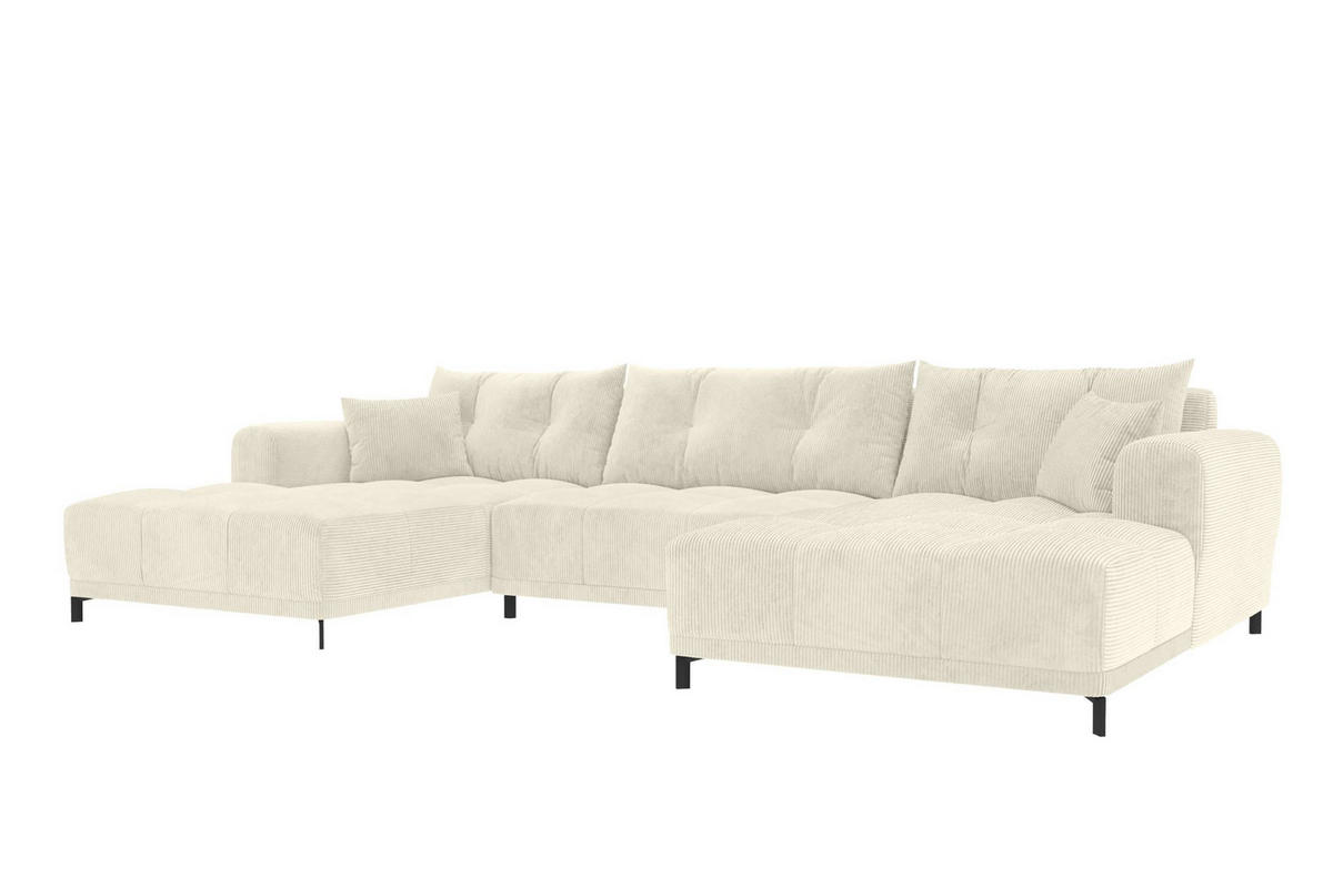 WOHNLANDSCHAFT Massimo Cordstoff Creme inkl. Schlaffunktion - Creme/Schwarz, Textil/Metall (356/94/181cm) - 99rooms