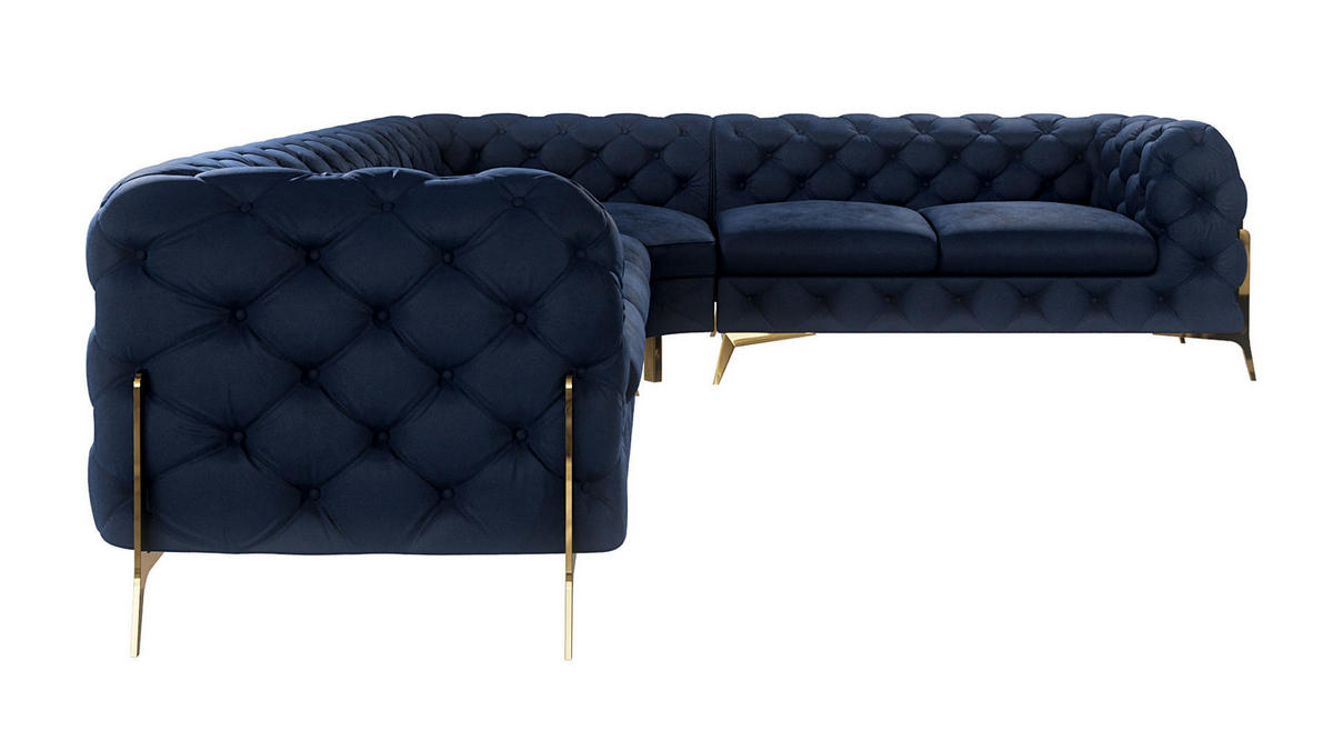 ECKSOFA Chesterfield Lexi Marineblau Samt, langer Schenkel links - Goldfarben/Dunkelblau, Holz/Textil (323/264cm) - S-Style Möbel