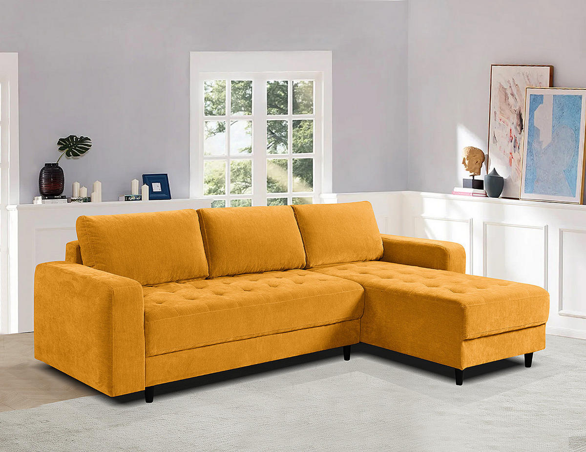 ECKSOFA mit Schlaffunktion - Flachgewebe - Gelb/Schwarz, Holz/Textil (240/156cm) - home24
