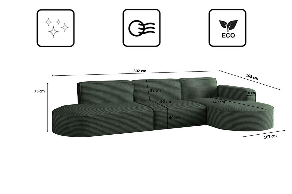 ECKSOFA Designer, Sofa L form MODENA 302 cm stoff Poso Grün Rechts - Grün, Holz (302/296cm) - Kaiser Möbel