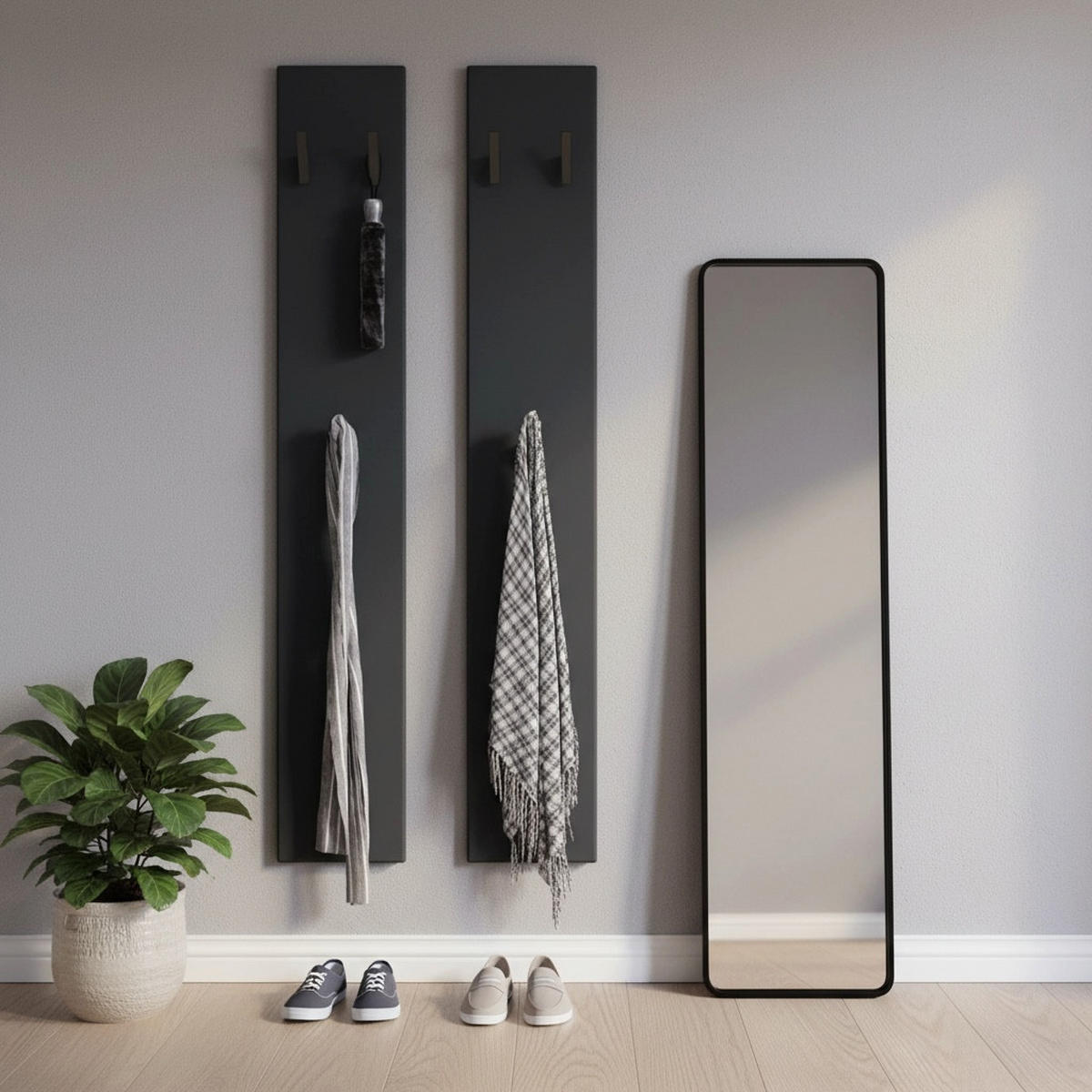 GARDEROBENPANEEL Roma M140, Moderne Wandgarderobe mit 6 Kleiderhaken, Made in Germany, Wandpaneel für Flur, Schwarz matt (24 x 140 x 2 cm) - Schwarz, Holzwerkstoff (24/140/2cm) - InnoFurn