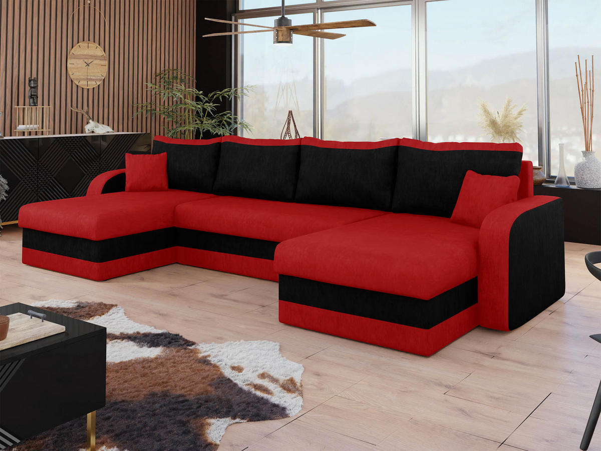 ECKSOFA Kris U - Rot/Schwarz, Holz/Kunststoff (304/80/140cm) - MIRJAN24