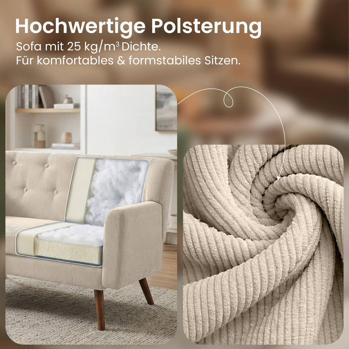 SOFA 120/74 cm Cord Creme - Creme/Braun, Holz/Textil (120/81/74cm) - CLP