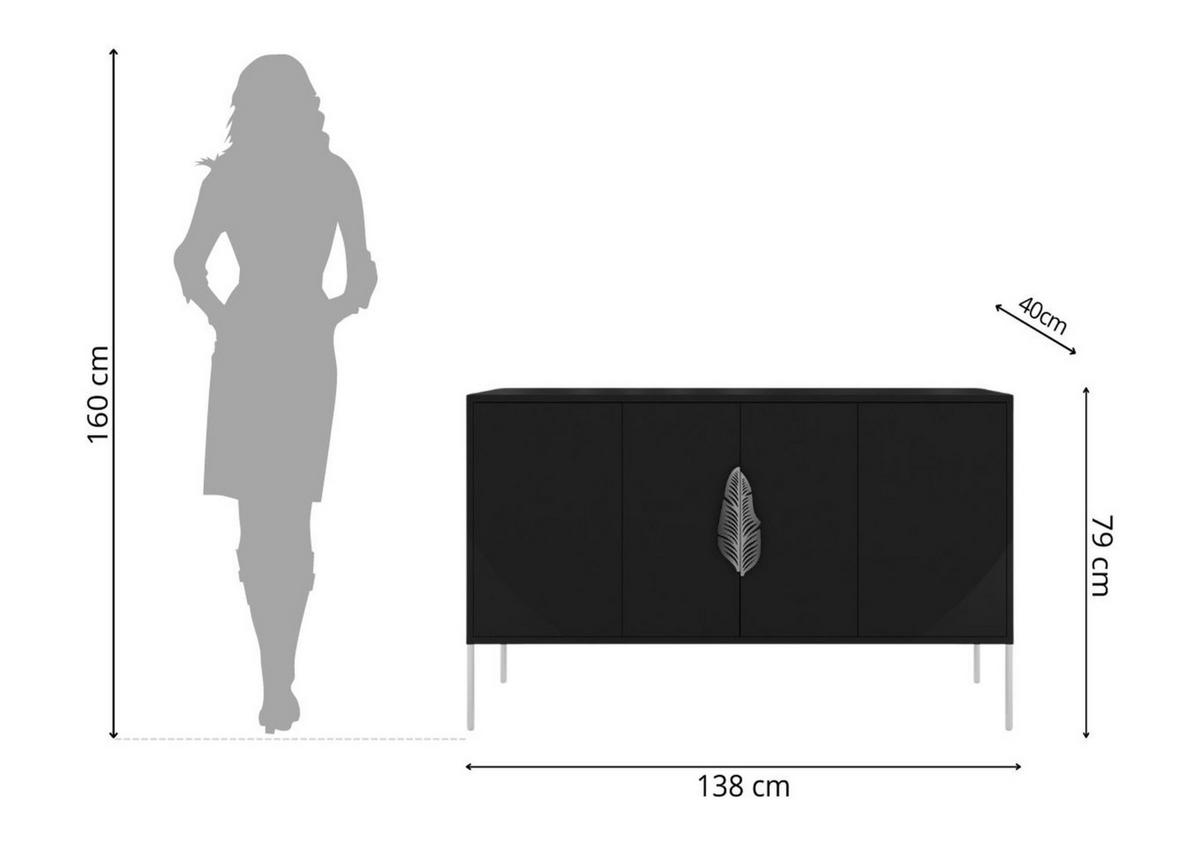 SIDEBOARD Merlin, Schwarz, Silberne Details - Silberfarben/Schwarz, Holzwerkstoff/Metall (138/79/40cm) - Skandica