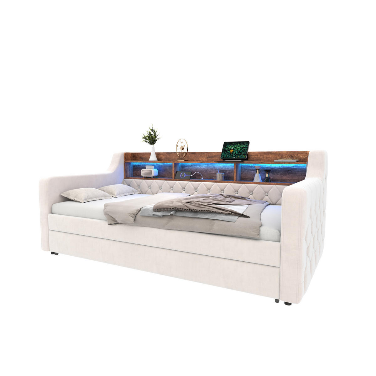 POSTELJA postelja 90/190 cm žamet bež z LED in USB-C - bež, tekstil (90/190cm) - Flora Grace