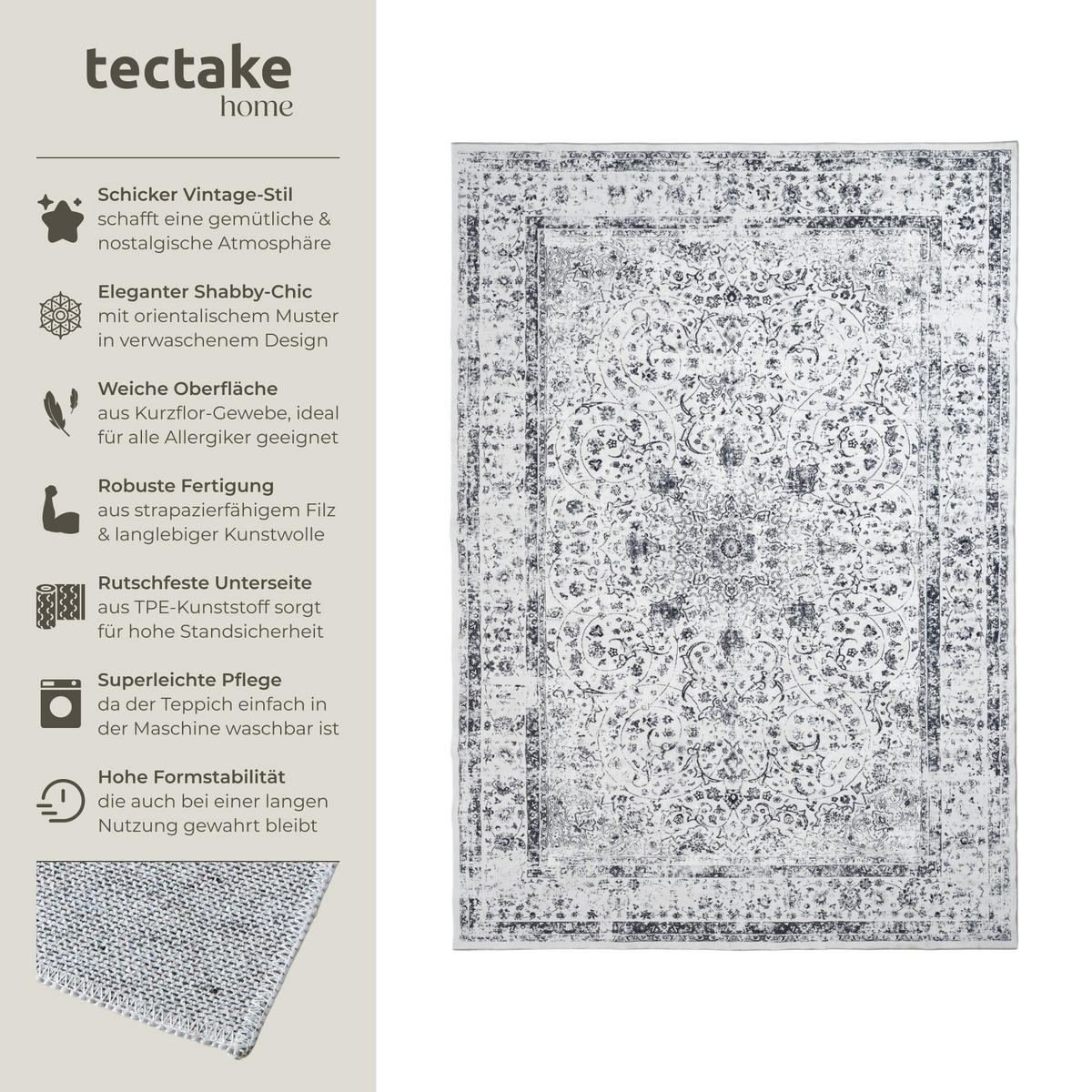 TEPPICH Vintage Design Aliya,rutschfeste Unterseite,grau - Grau, Textil (240/340cm) - tectake