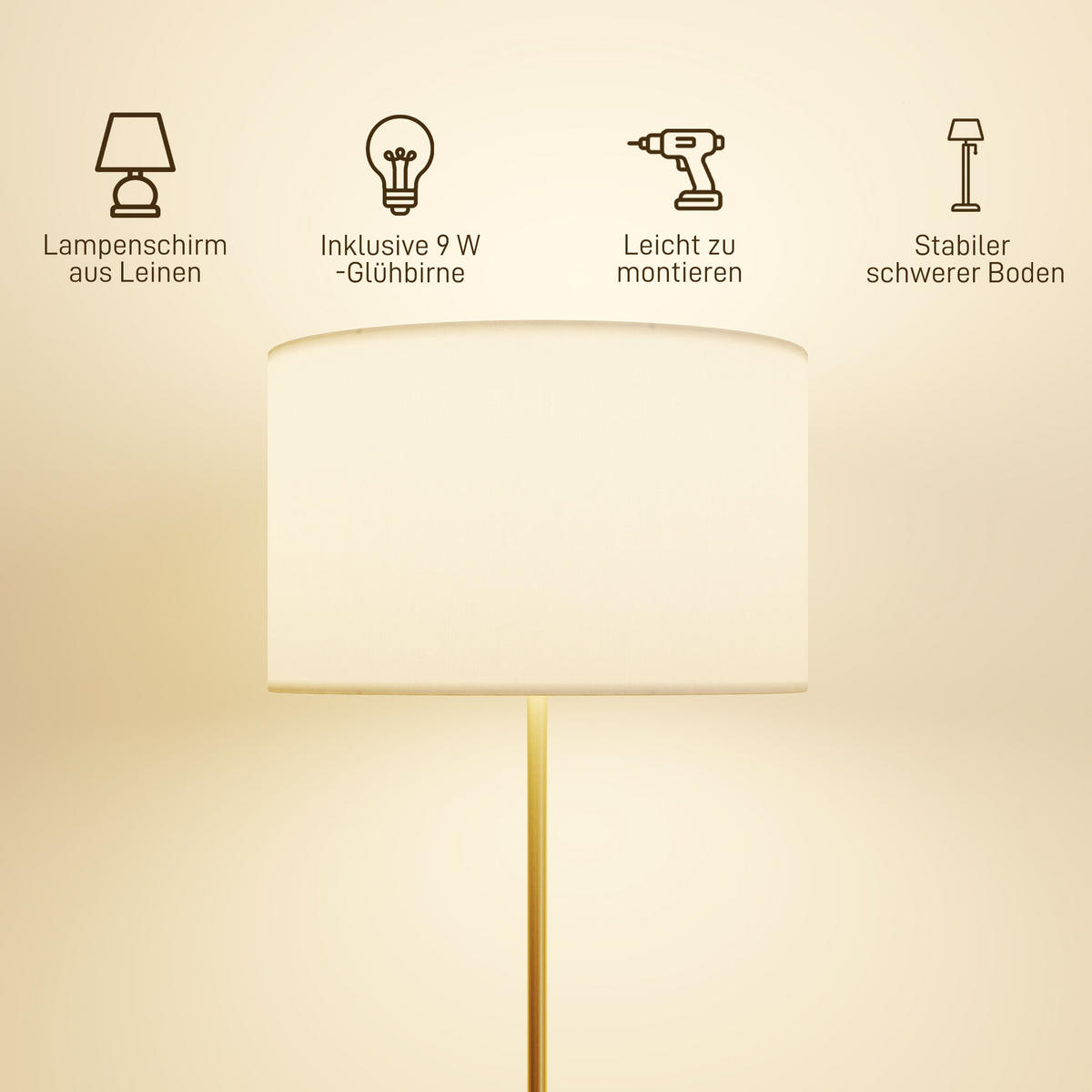 STEHLAMPE dimmbar mit Leinen-Lampenschirm Gold - Goldfarben, Metall (40/40/168cm) - HOMCOM