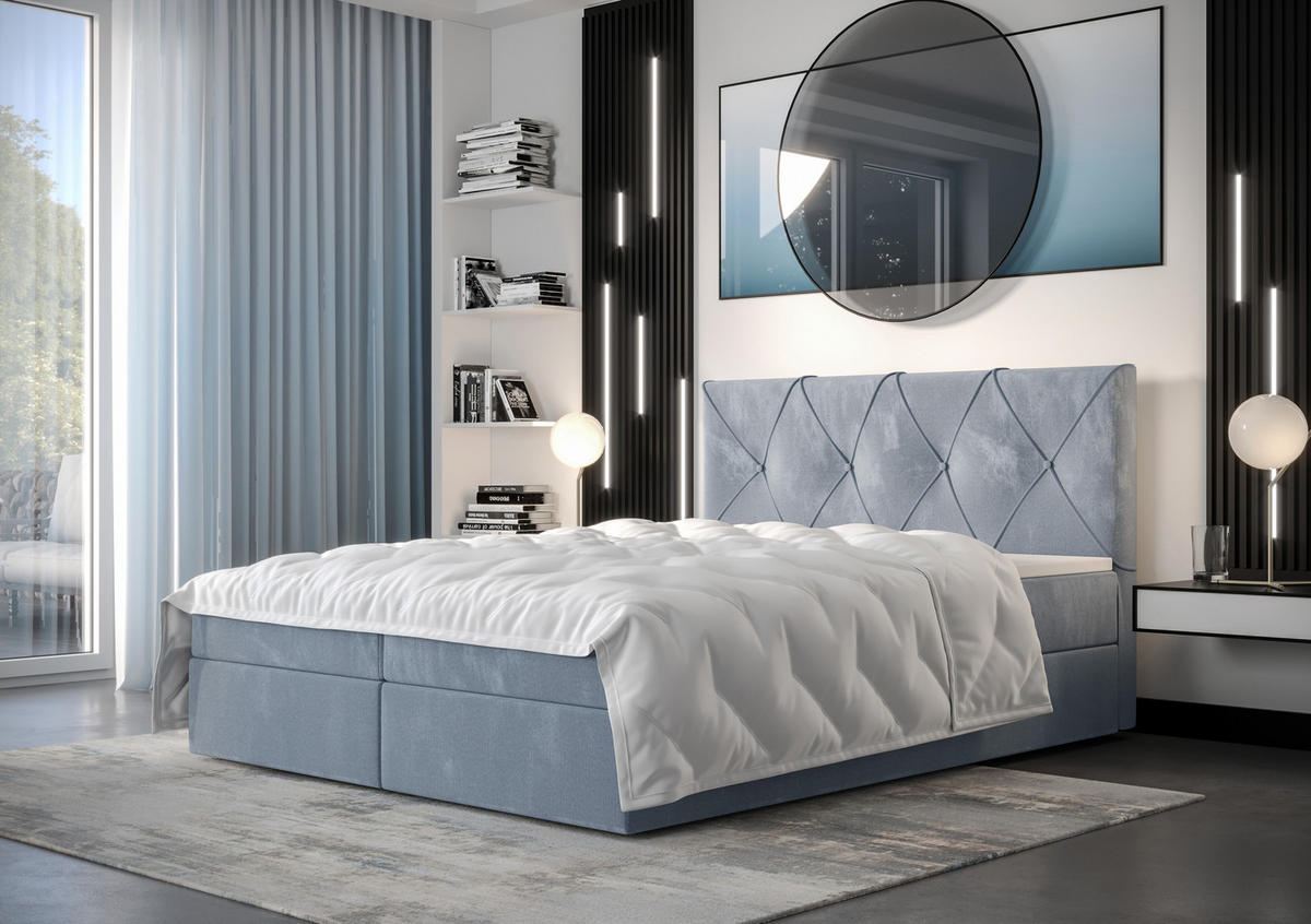 BOXBETT ALTEA 180x200, mit Matratze H3, Bonell und Topper, Monolith 70 - Hellblau, Holz/Kunststoff (180/200cm) - Bedante