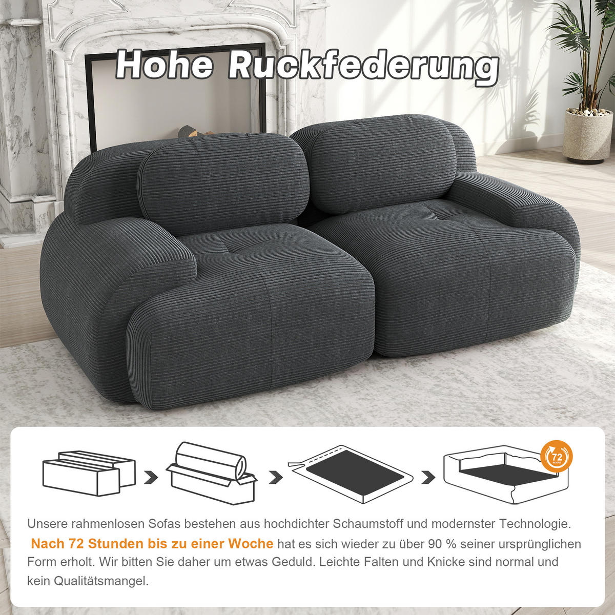 SOFA 2-Sitzer in Grau aus Cord mit modularem Design und geschwungenen Armlehnen - Grau, Textil (208/75/103cm) - CHICFURN