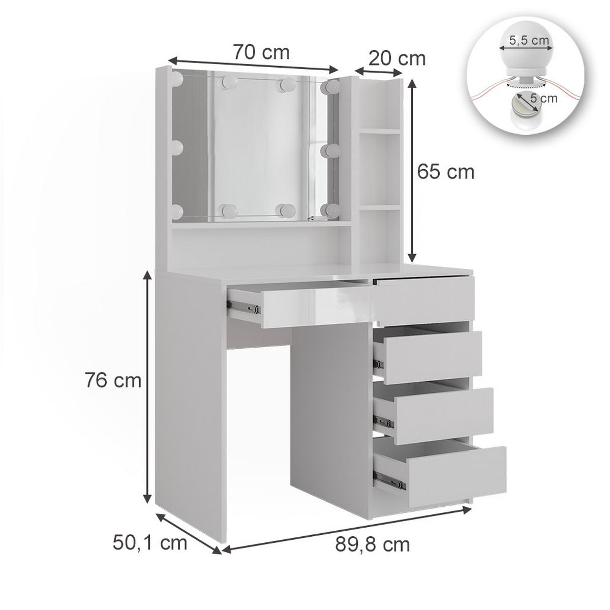 SCHMINKTISCH Sherry Weiß/Weiß Hochglanz 89.8 cm 4 Teile - Weiß Hochglanz, Holzwerkstoff (50.1cm) - Vicco