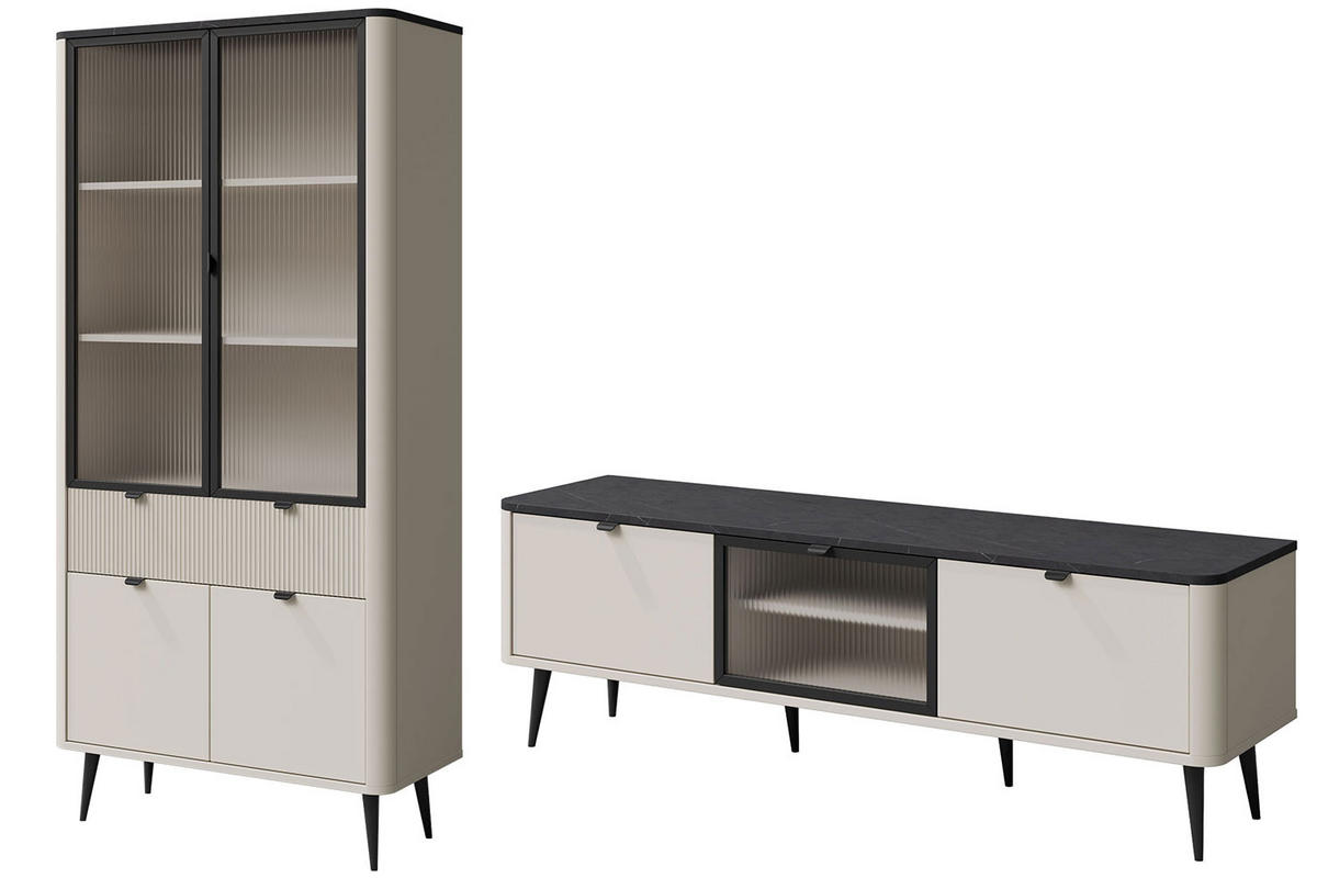 WOHNZIMMER-SET Marly Kaschmir / Graustein (2-tlg) - Kaschmir/Beige, Holzwerkstoff/Metall (250/191/40cm) - Feldmann-Wohnen