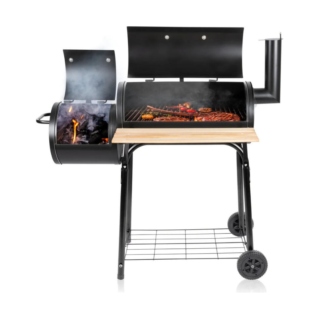 SMOKER Holzkohlegrill 2-in-1 Schwarz, 104x58x114 cm, Grillwagen, BBQ Grill, Räder, Ablagefläche, Grillstation, Outdoor Grill, Barbecue Smoker - Schwarz, Metall (104/114.5/58cm) - BBQ Collection