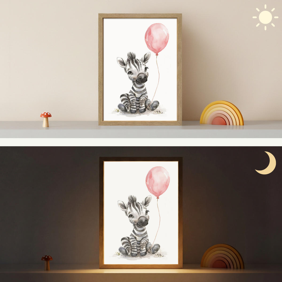 WANDLEUCHTE MIT AKKU Zebra - Baby - Tiere - Rosa Luftballon 30x40 cm - Weiß, Holzwerkstoff (30/40/8cm) - OnlyWow