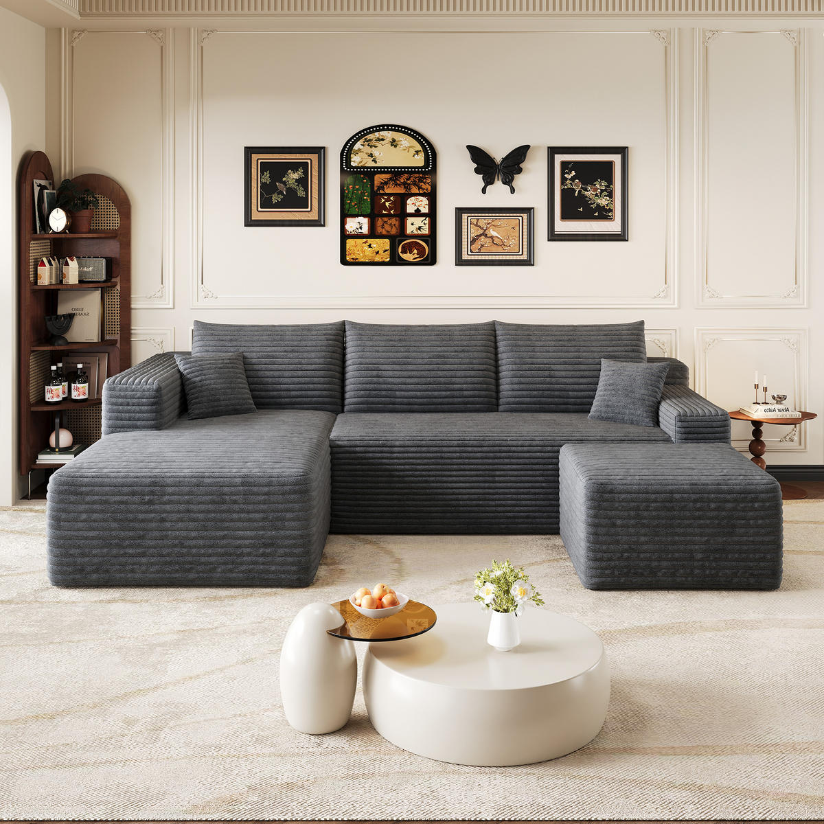 WOHNLANDSCHAFT Cord Dunkelgrau ohne Montage - Grau, Textil (241/58/151cm) - WISHDOR