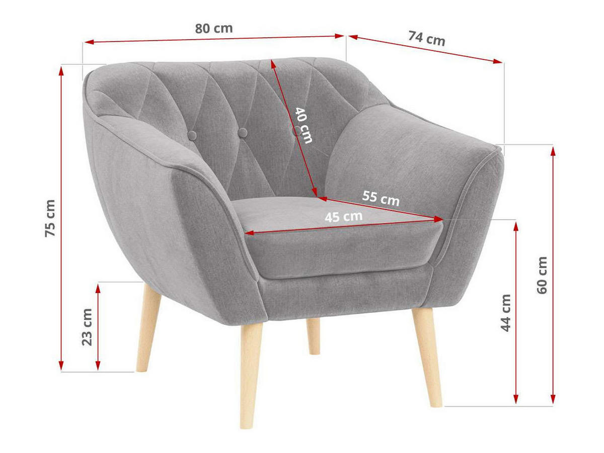 SESSEL Pirs 1 Sitzer Velvet Hellgrau - Hellgrau/Braun, Holz/Textil (80/75/74cm) - MKS