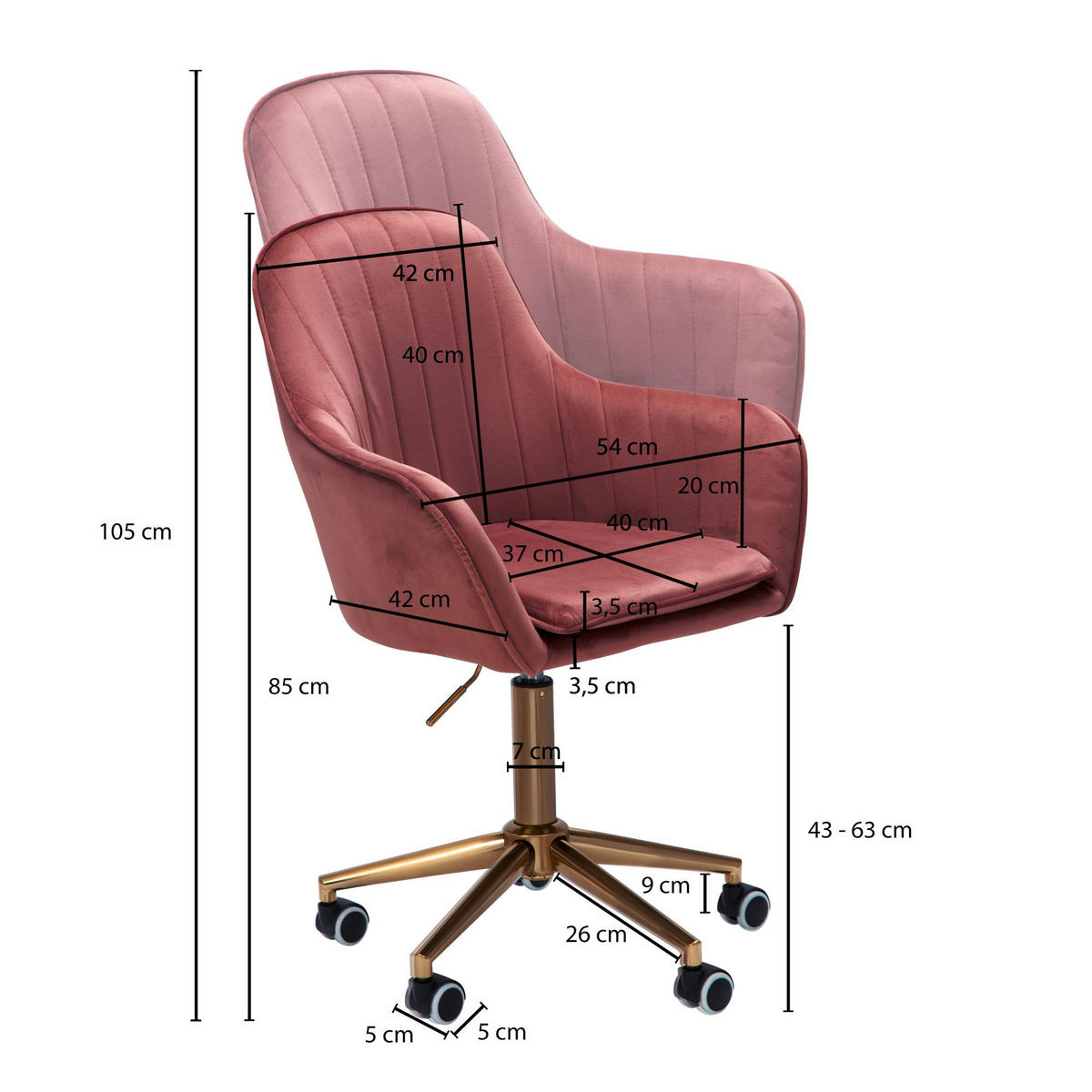 SCHALENSTUHL Samt mit Metallfußkreuz und 360° Drehfunktion SANDRA, Rosa 54x52x105 cm - Pink/Goldfarben, Textil/Metall (54/105/52cm) - KADIMA DESIGN