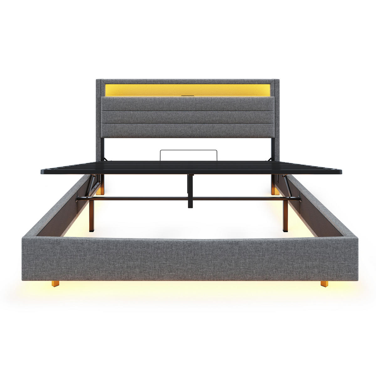 POLSTERBETT 160/200 cm mit LED-Beleuchtung, USB-Anschluss und hydraulischem Stauraum, Leinenoptik, Grau - Grau, Textil (160/200cm) - Redom
