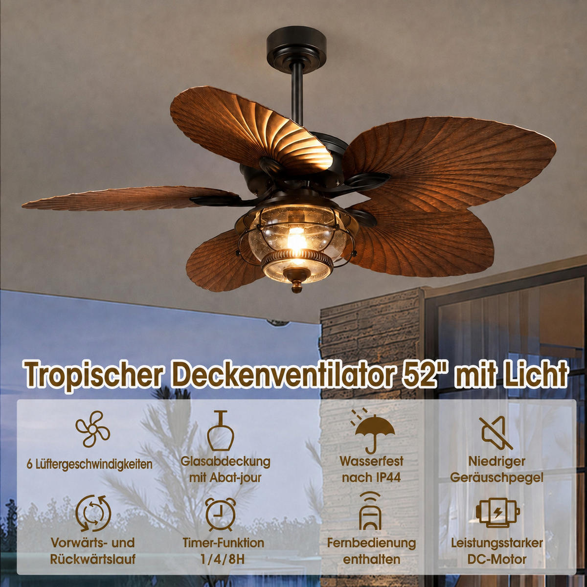DECKENVENTILATOR Braun 132 cm mit Flügeln in Palmblatt-Optik und LED - Braun, Metall (132/132/57cm) - Surtime
