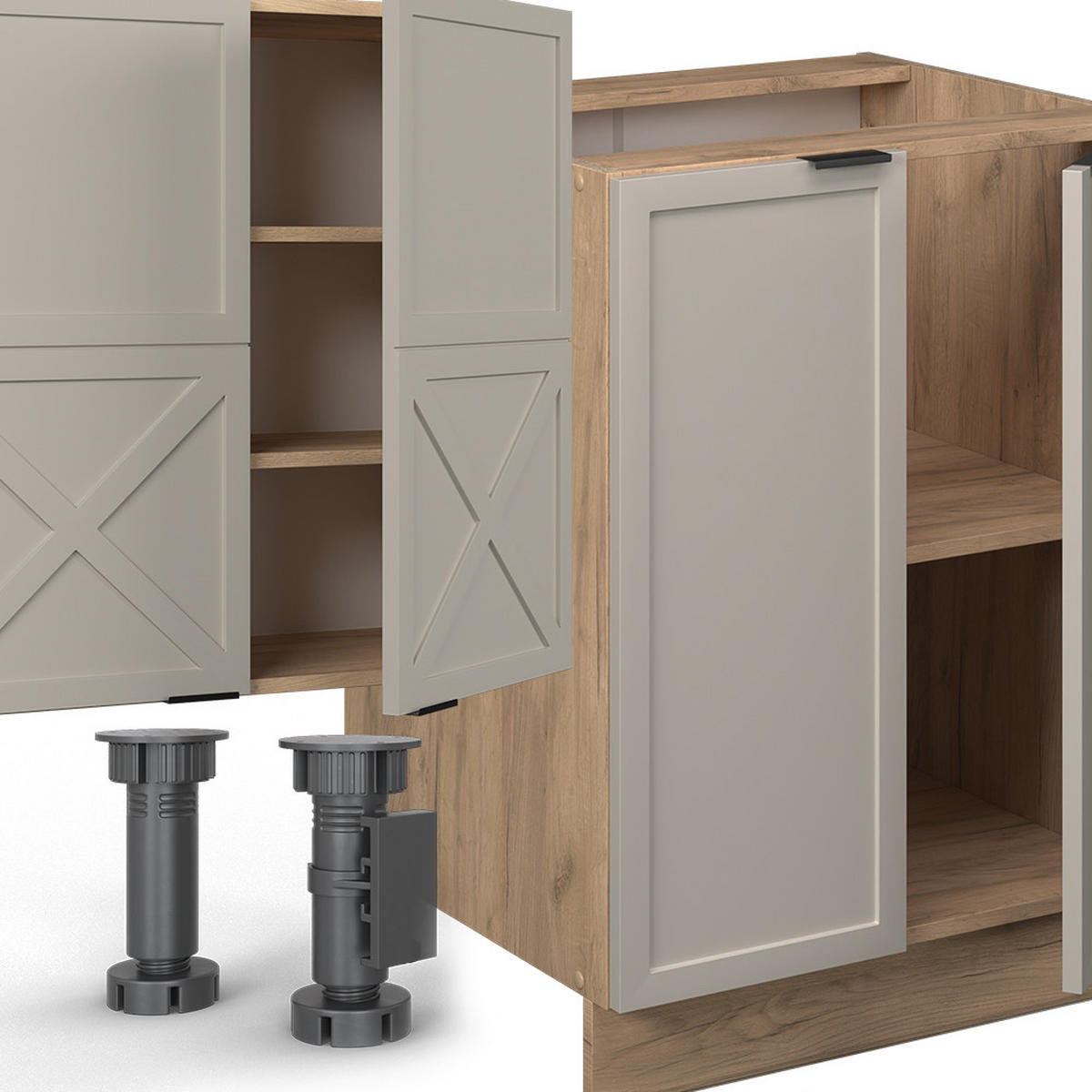 KÜCHENZEILE Fame-Line GrauBeige/Goldkraft Eiche 300 cm mit Hochschrank ohne AP - Honigeiche/Grau, Holzwerkstoff (300/81.6/46cm) - Vicco