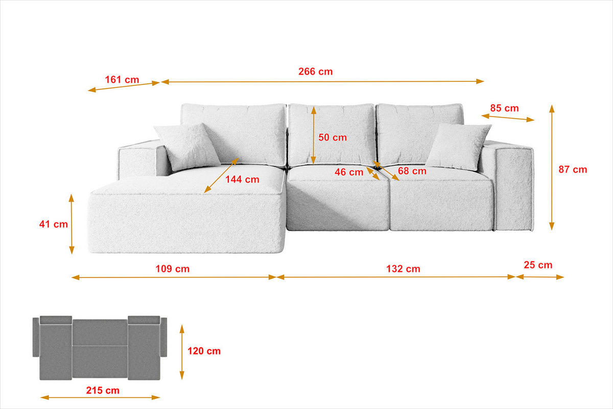 ECKSOFA mit Schlaffunktion und Bettkasten SERRA-L-S - 266x161x87 cm Weiß Bouclé - Schwarz/Weiß, Holzwerkstoff/Kunststoff (266/161cm) - ALTDECOR