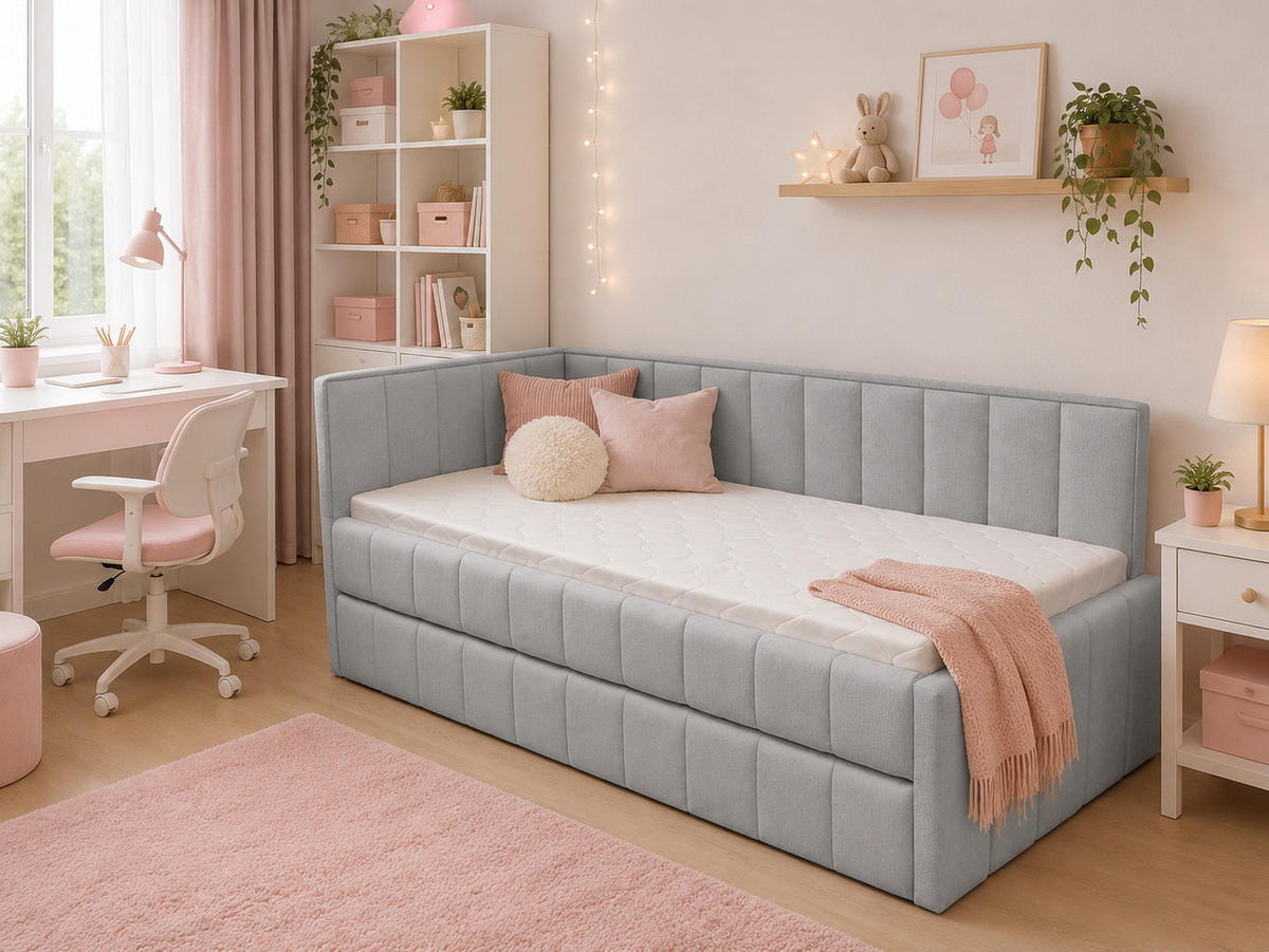 POLSTER-KINDERBETT LUKA 90x200 cm, links, mit Ausziehbett – Grau - Grau, Textil - KS Home Concept