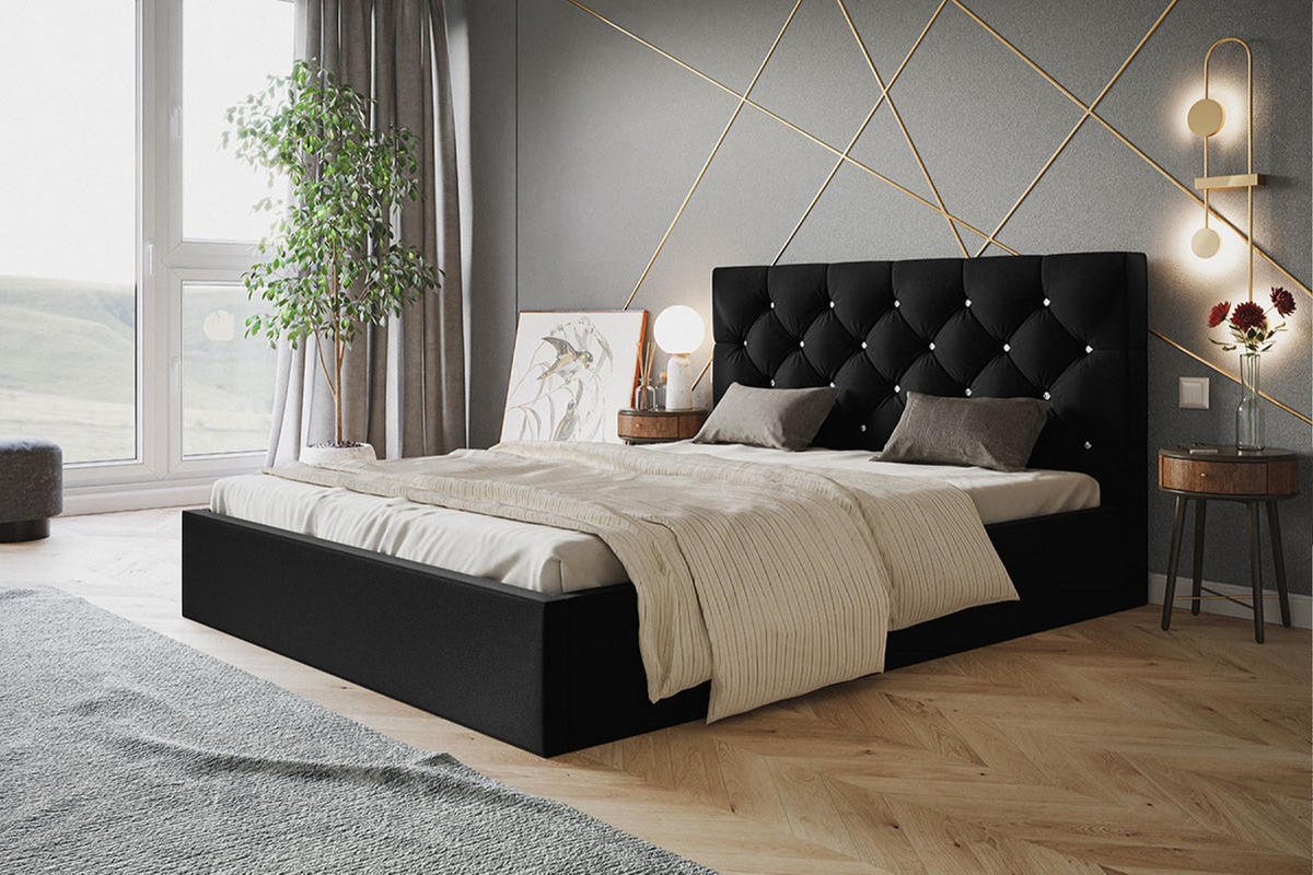 POLSTERBETT BOSTON SLIM, 140 x 200 cm mit Bettkasten und Lattenrost aus Holz, Farbe: Schwarz, Velourestoff - Schwarz, Holz/Kunststoff (140/200cm) - Alpi-Möbel