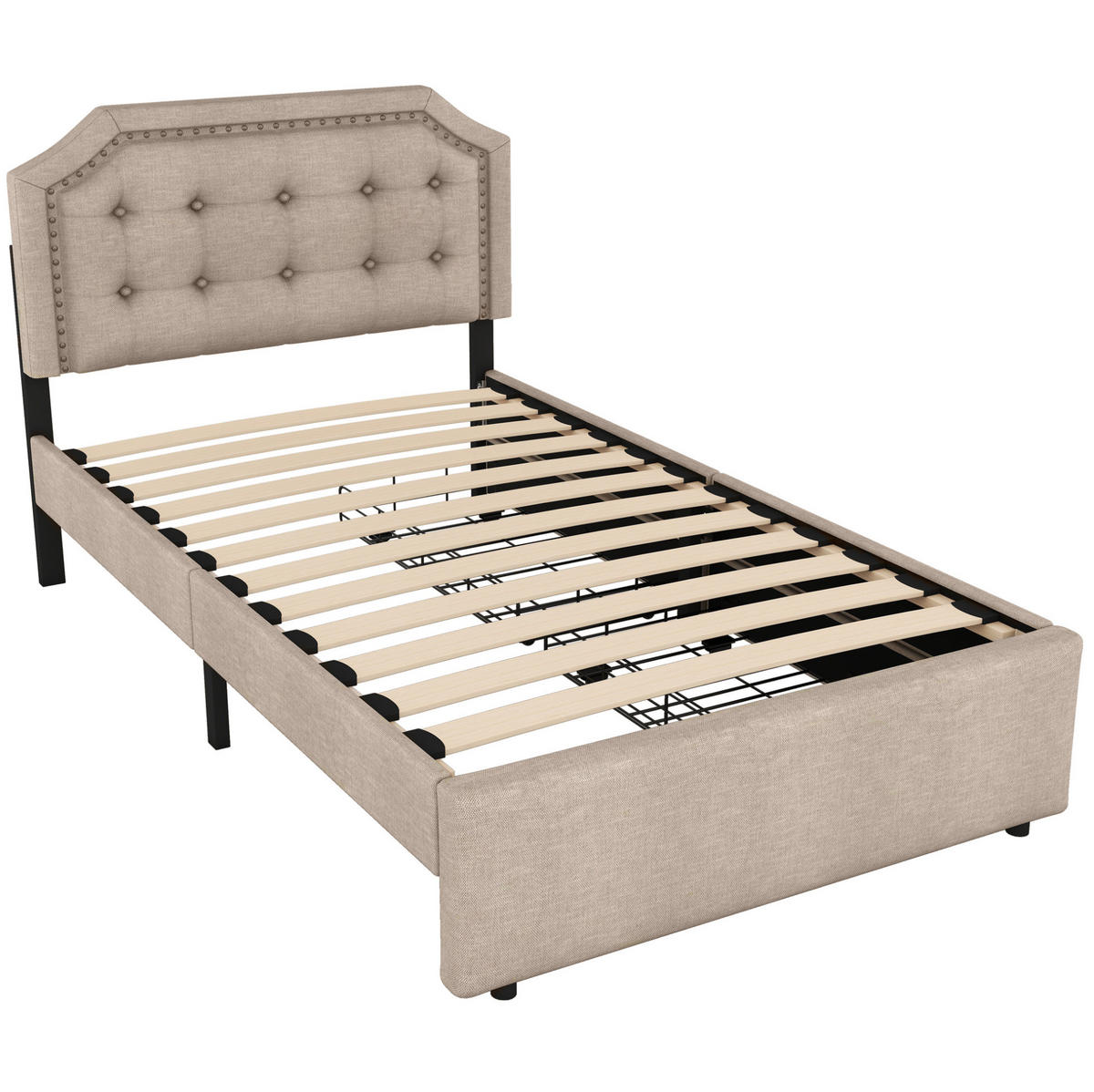 POLSTERBETT aus Leinen und MDF 90x200 cm in Dunkelbeige mit 2 Schubladen - Beige, Textil (90/200cm) - Modfu