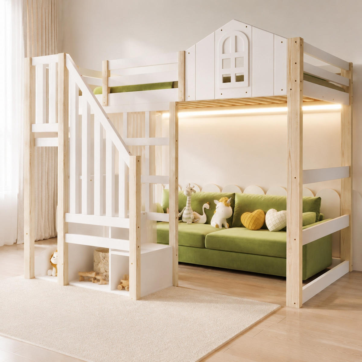 HOCHBETT 140/200 mit LED, Ablageleiter und Staufach in Weiß und Natur - Weiß/Naturfarben, Holz/Holzwerkstoff (140/200cm) - EVRYAE