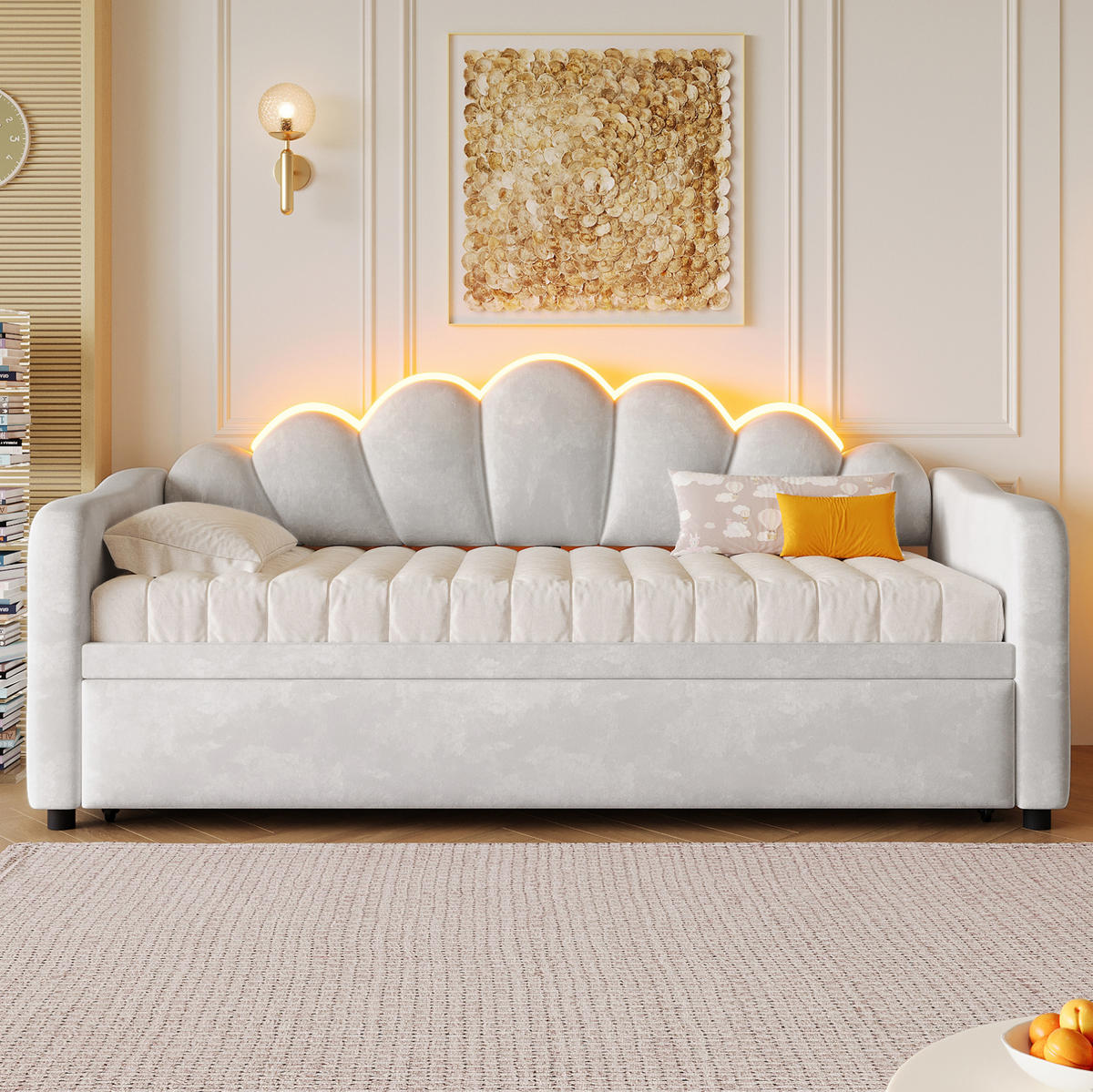 TAGESBETT 90/200 cm mit Ausziehbett, LED-Beleuchtung und Samtbezug, Grau - Grau, Textil (90/200cm) - Redom