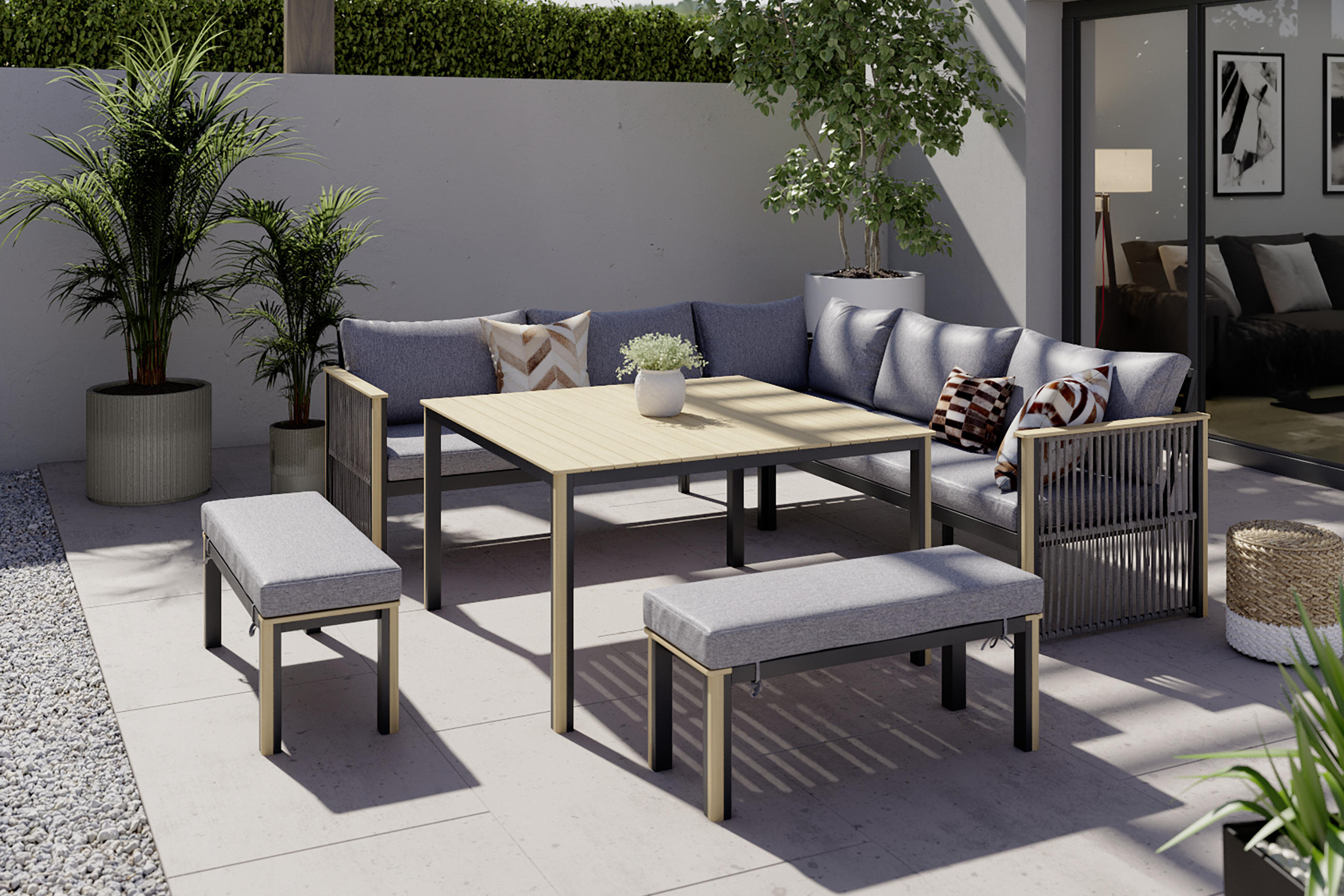 Stílusos 6 részes kerti ülőgarnitúra egy asztallal és két paddal, 230x230 cm sarokméret, antracit színű porszórt alumínium váz, szürkepárnákkal, tíkfa betéttel, kötélfonatos karfákkal