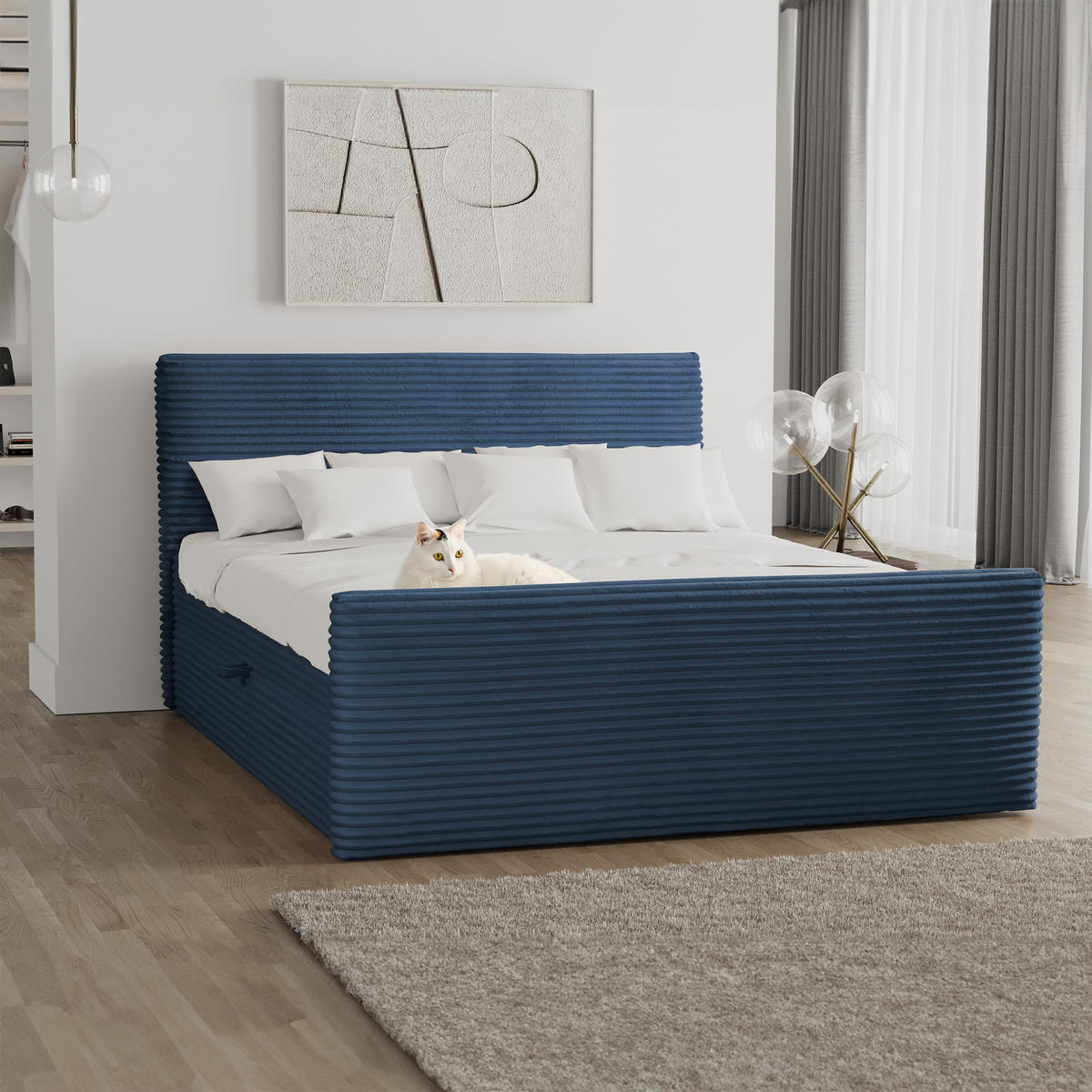 BOXBETT Mit Bettkasten Und Topper TRENTO Stoff Plüsch Cord 120x200 cm Dunkelblau H3-Bonell - Dunkelblau, Holz/Textil (120/200cm) - Kaiser Möbel