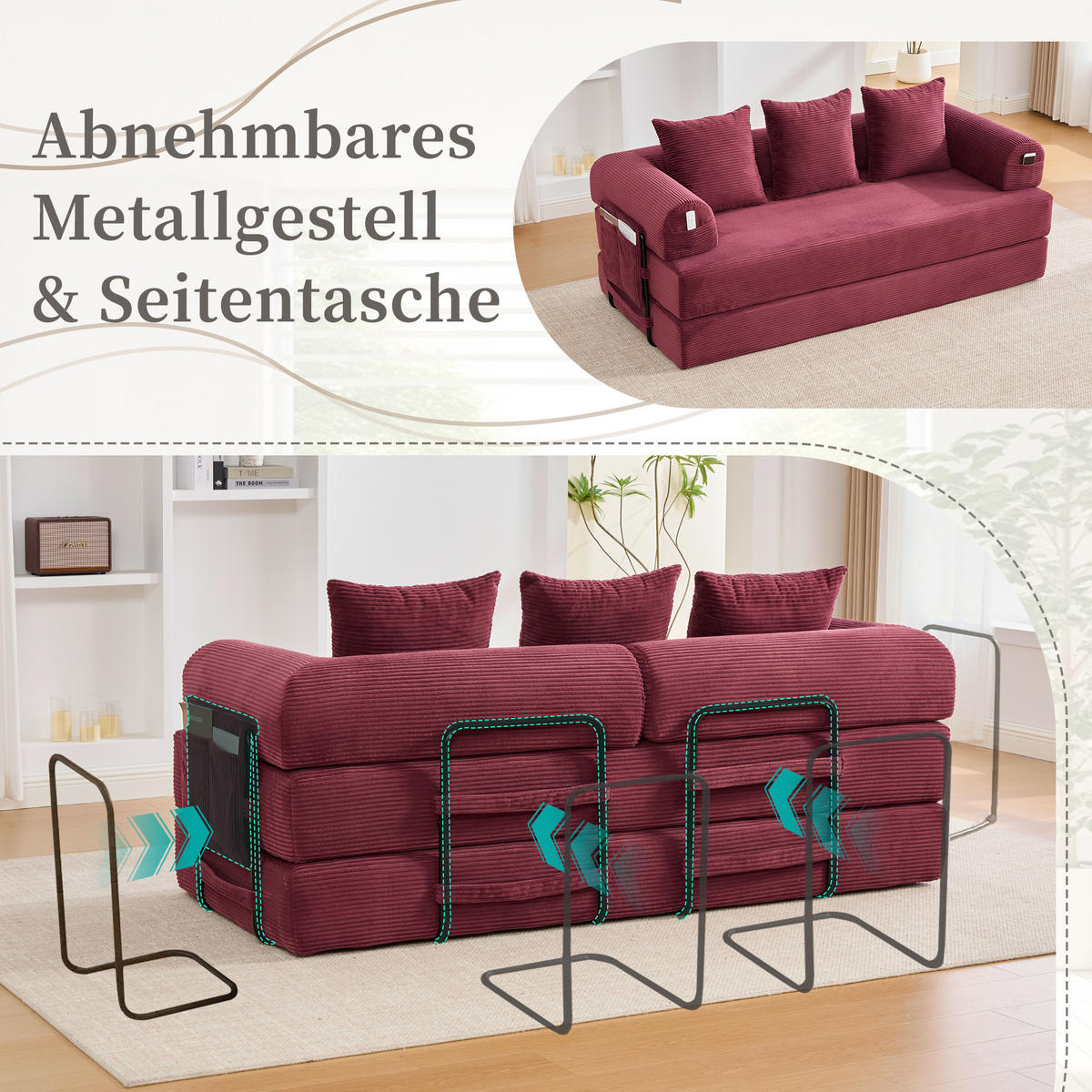 SCHLAFSOFA, Modulares Tagesbett mit Metallgestell, Klappbares Bodensofa Cordstoff, Weinrot - Weinrot, Textil (94/67/200cm) - LVHOM