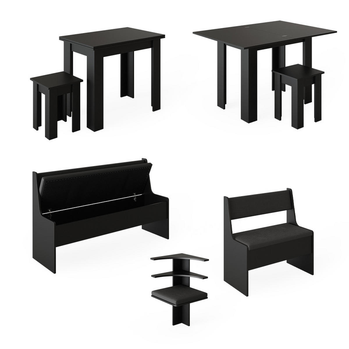 ECKBANKGRUPPE Roman Schwarz 120 x 41.5 cm mit Tisch - Schwarz Hochglanz/Schwarz, Holzwerkstoff (180/80/120cm) - Vicco