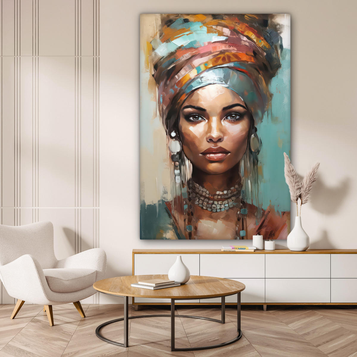 LEINWANDBILD Frau - Kunst - Schmuck - Porträt Deko Groß 90x140 cm - Blaugrau, Textil (90/140cm) - MuchoWow