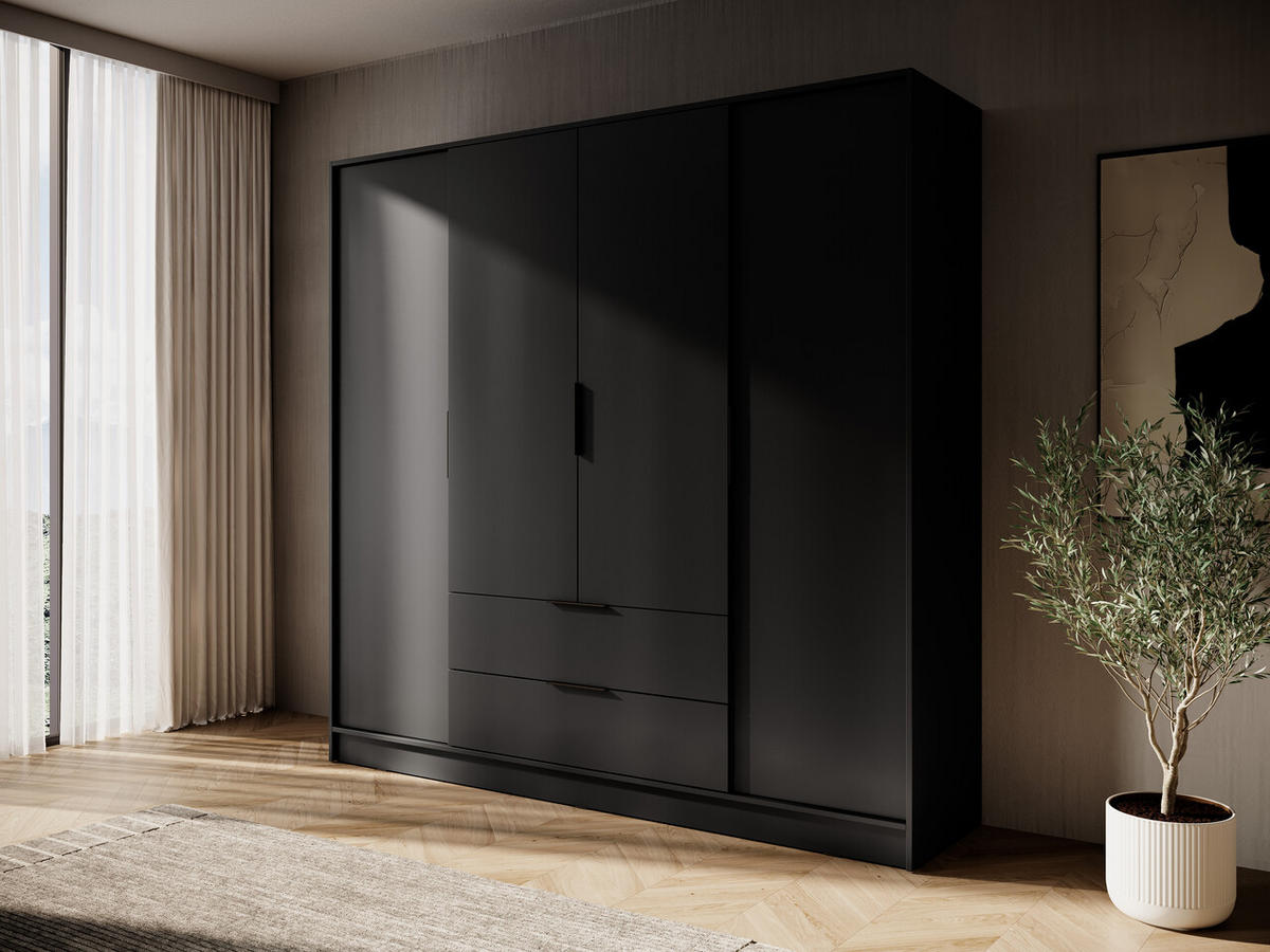 KLEIDERSCHRANK 206 cm Kalma, 4 Türen, 2 Schubladen, Schwarz - Schwarz, Holz (206/200/51cm) - Emporius